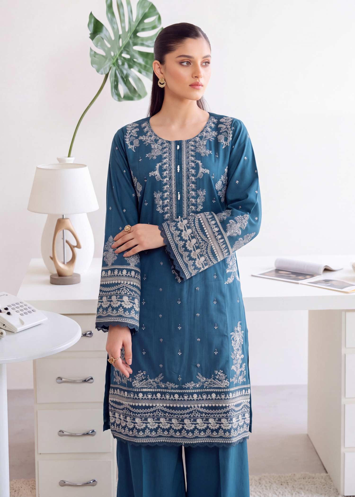 lawn Kurta Set in Ocean blue