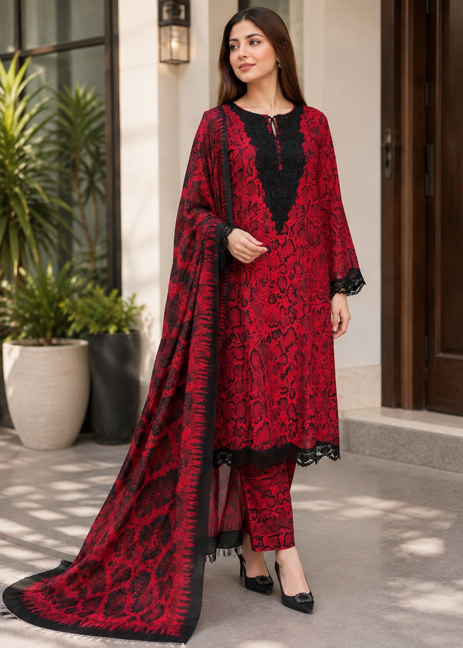 lawn Kurta Set in Venetian red, taupe black
