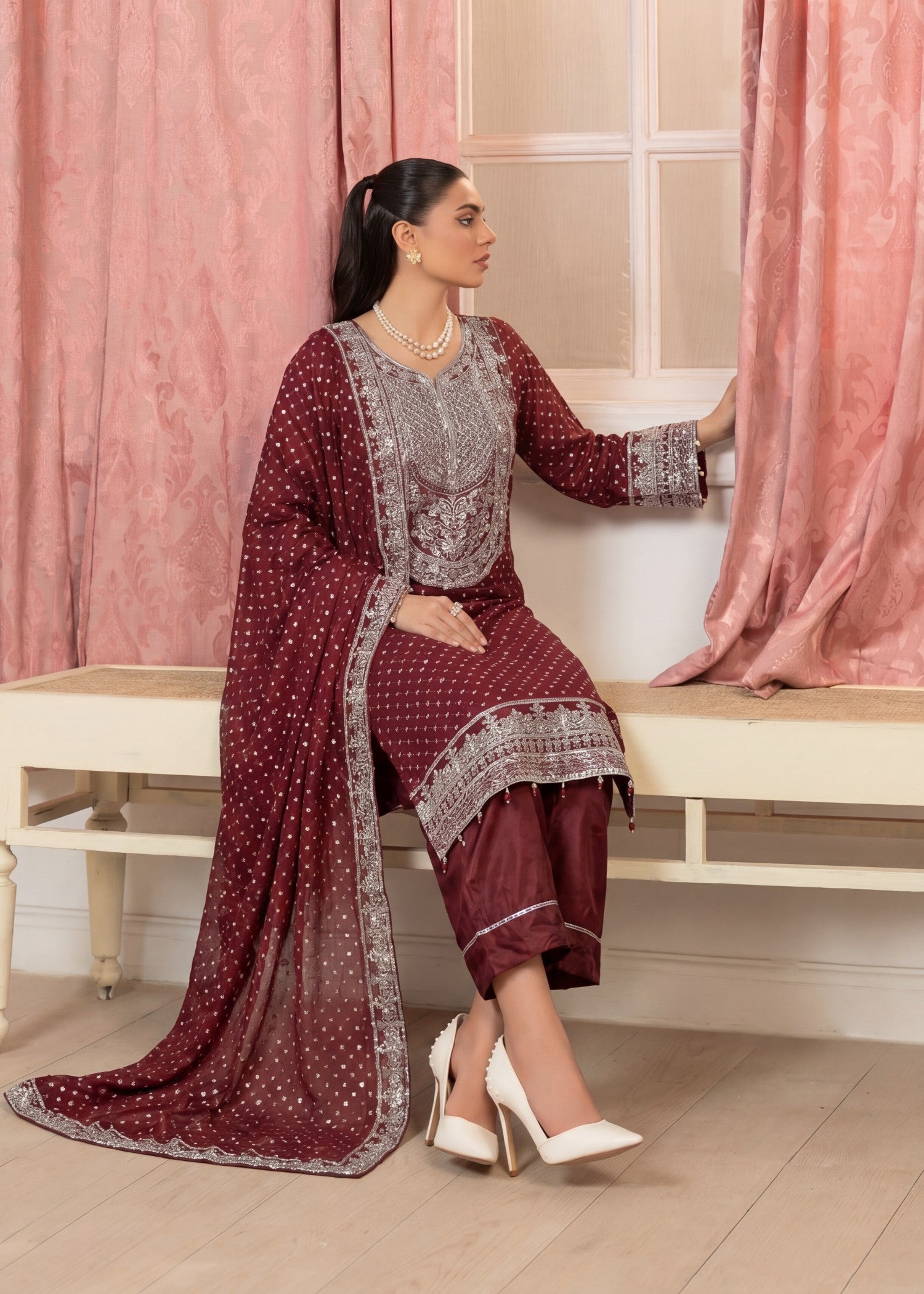 chiffon Kurta Set in Blood red