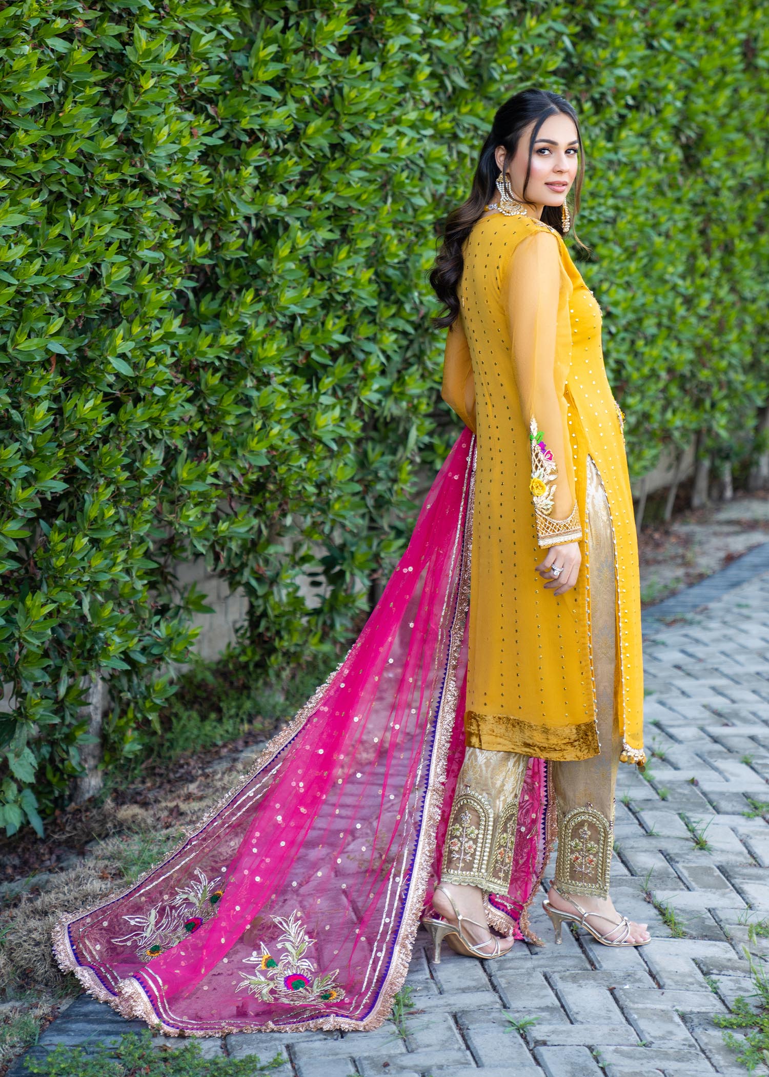 crinkle chiffon Kurta Set in Mustard