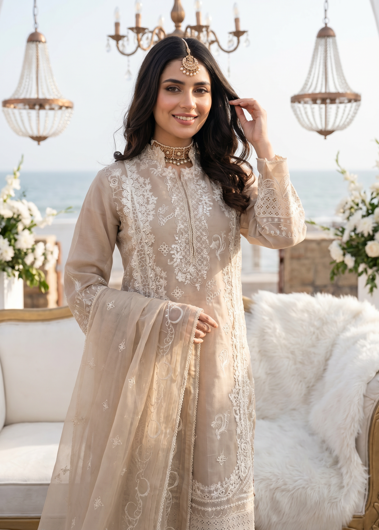 net Kurta Set in Champagne