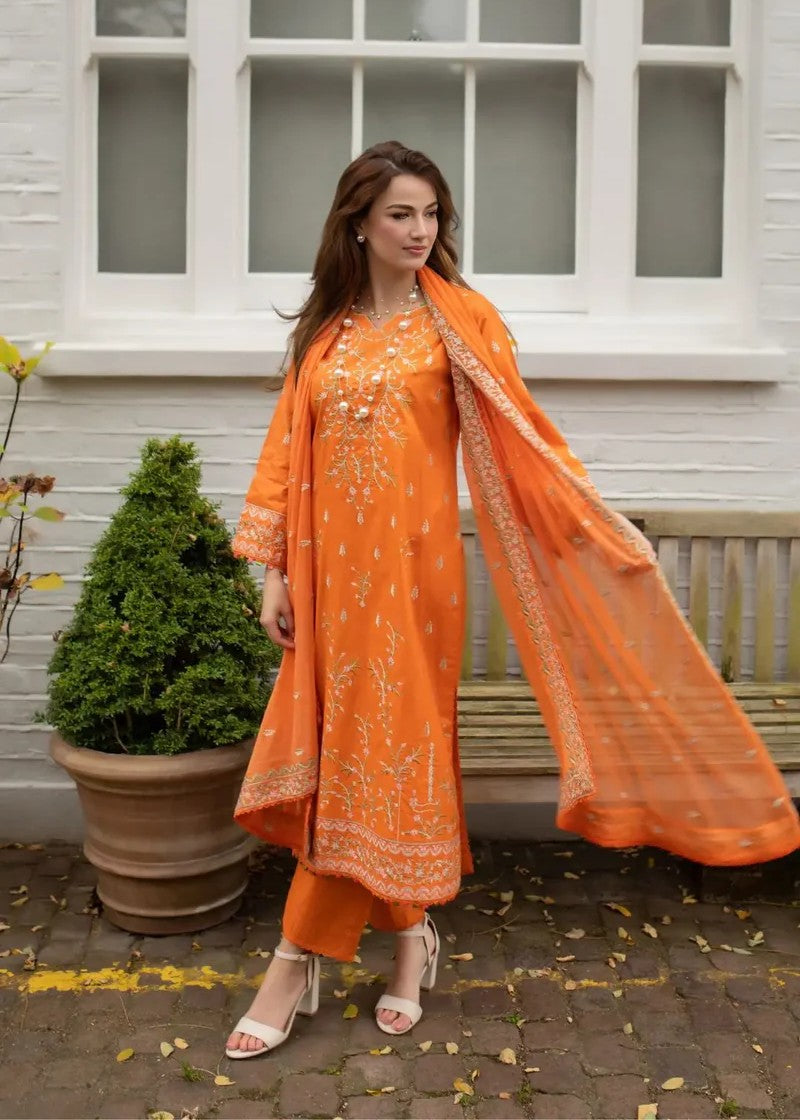cotton Kurta Set in Carrot orange