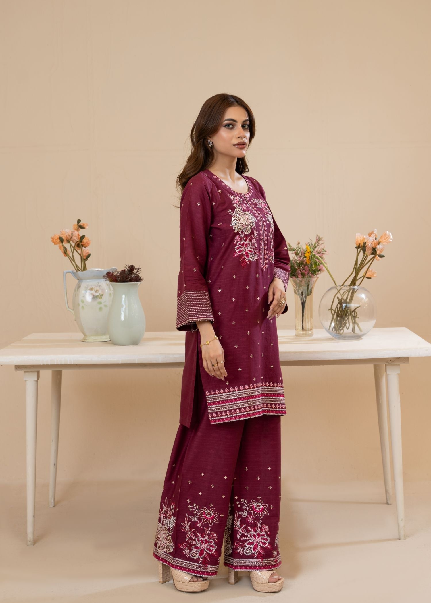 cotton jacquard Kurta Set in Wine