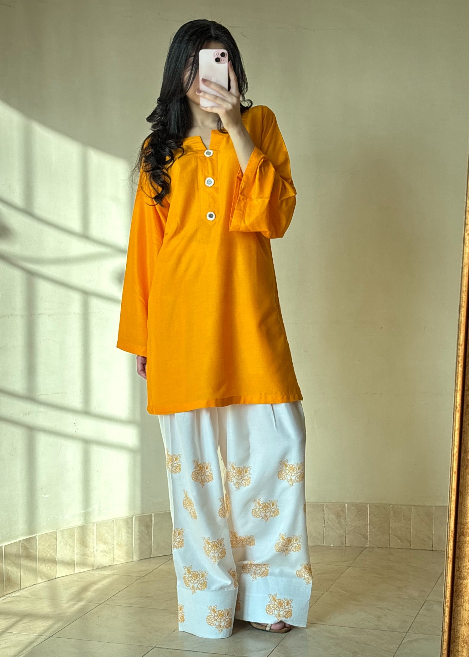 linen Kurta Set in Yellow, white