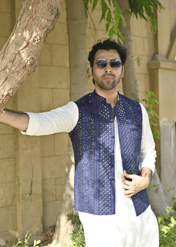 raw silk Waistcoat in Navy blue