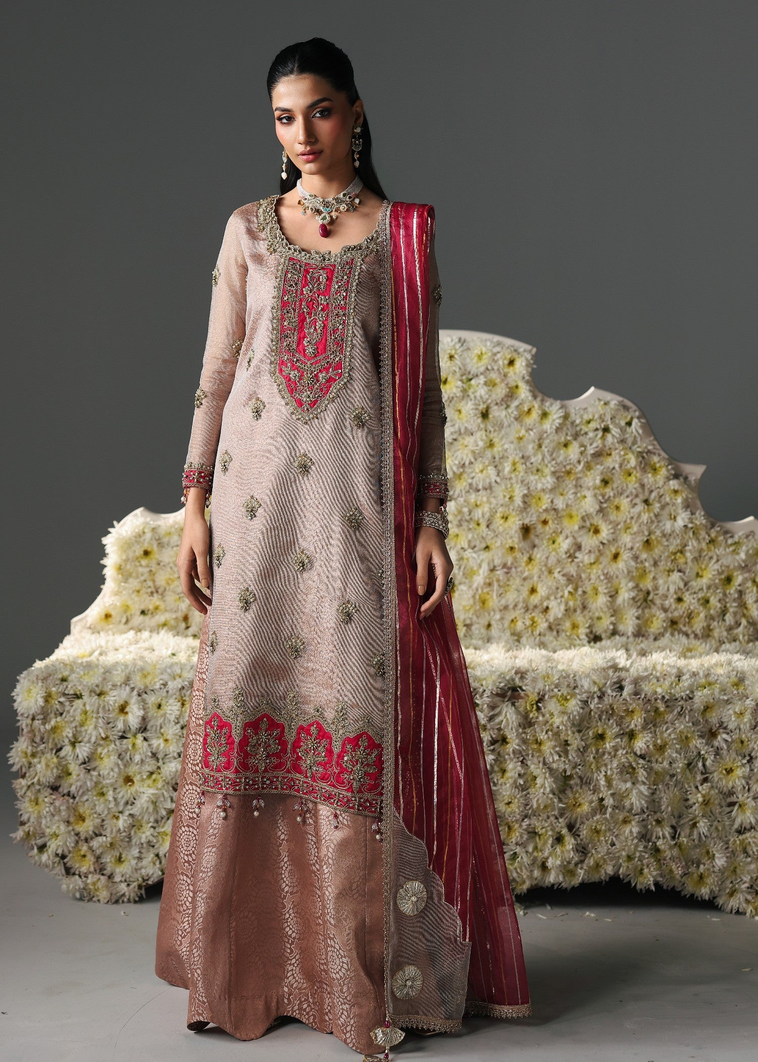 jamawar Sharara in Peach pink, beige