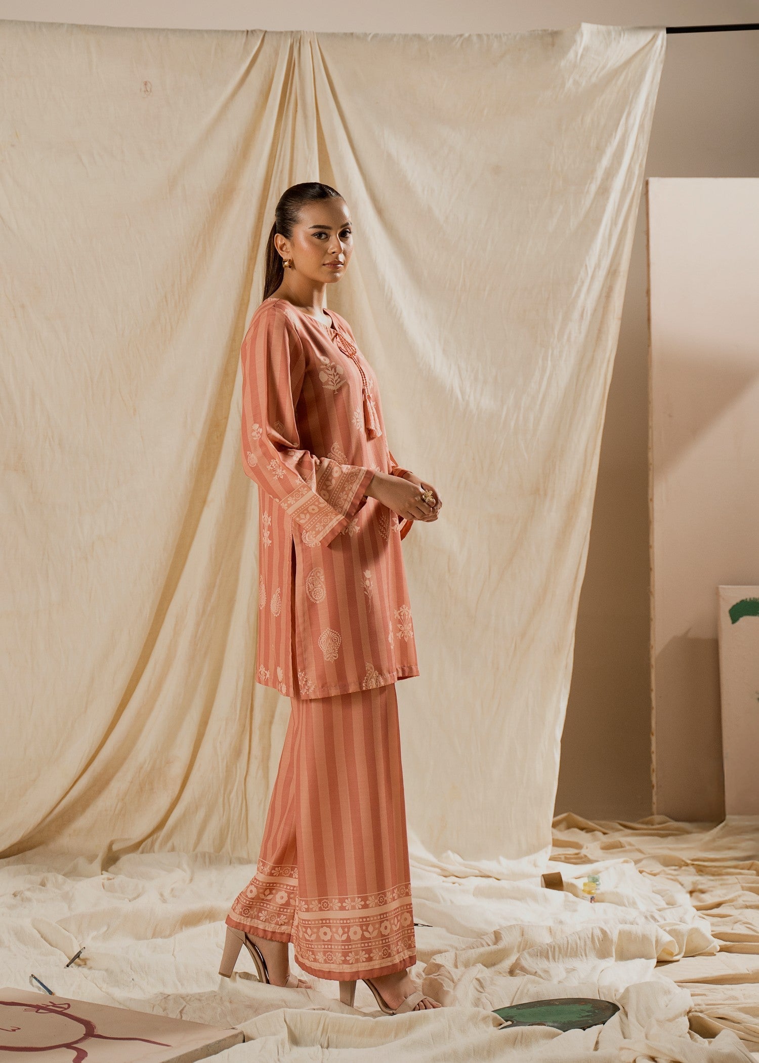 raw silk Co Ord Sets in Peach pink