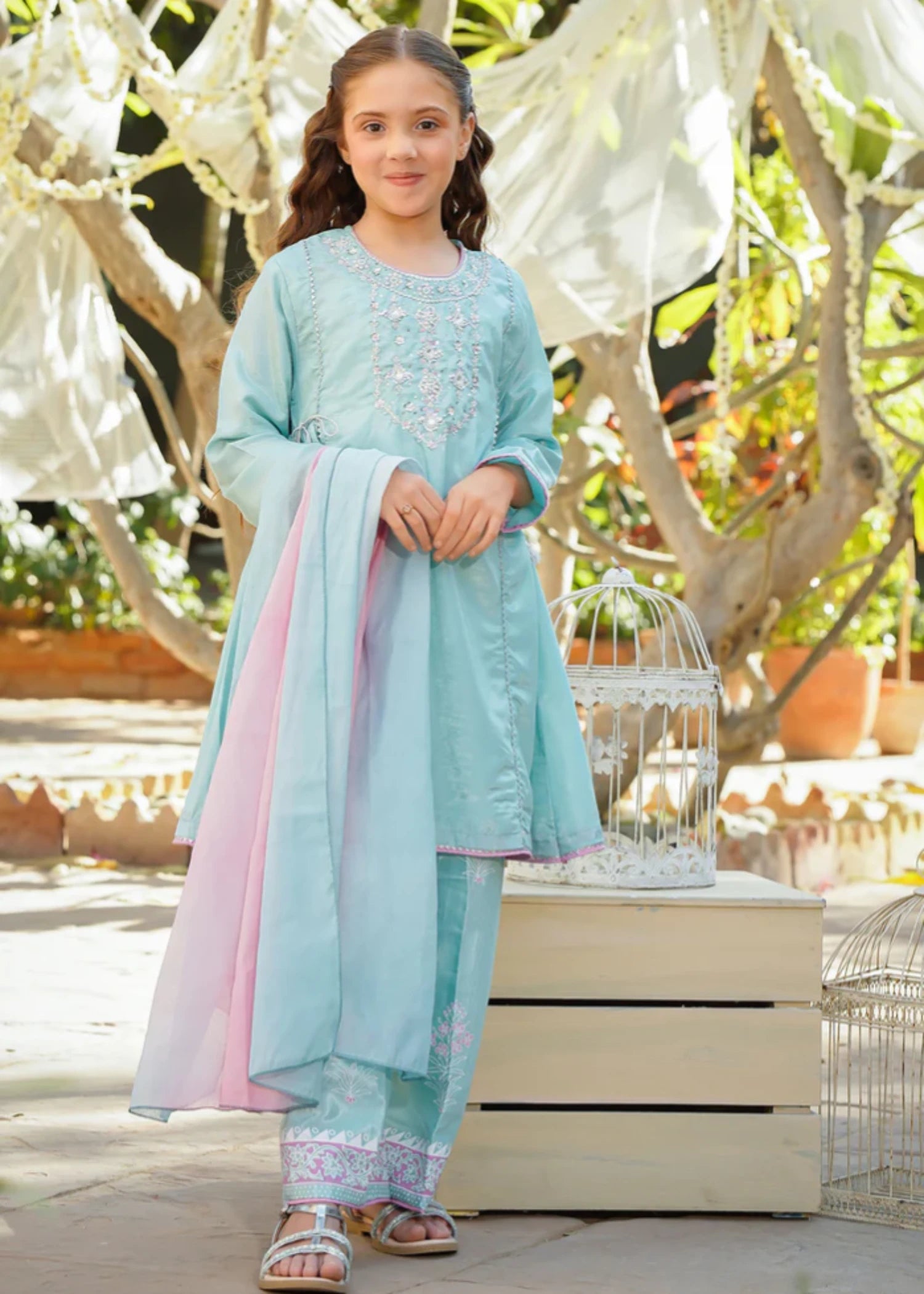 cotton silk Short Frock in Sky blue