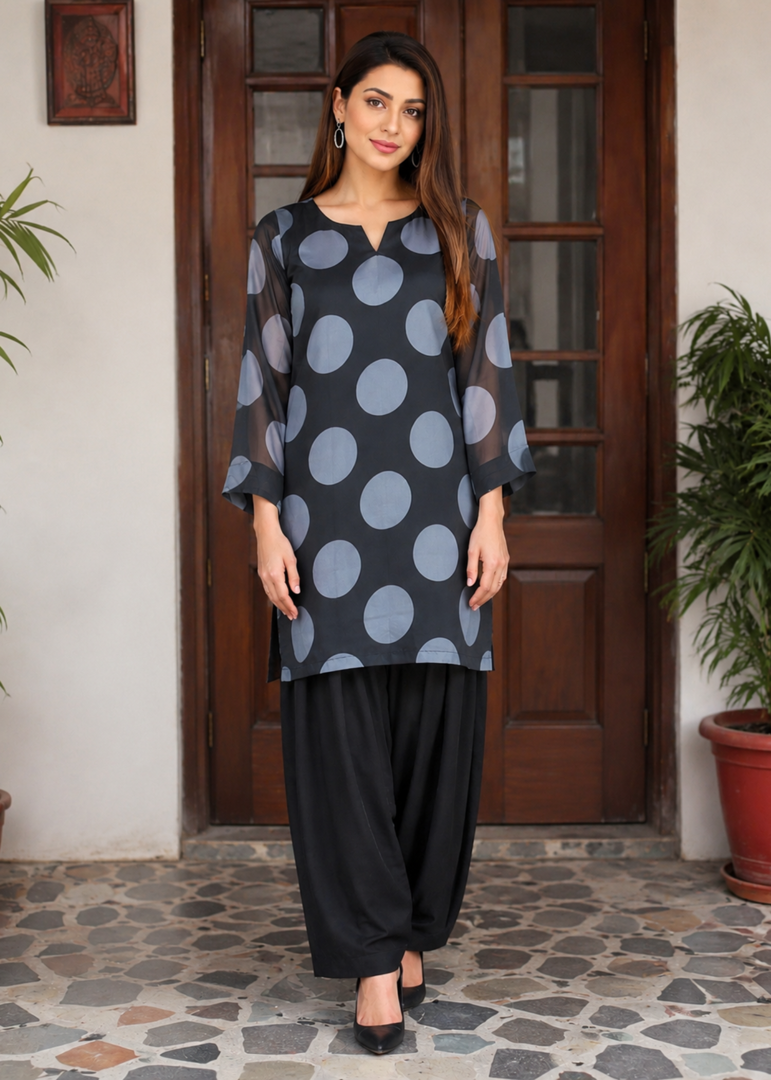 chiffon Kurta Set in Black, slate black