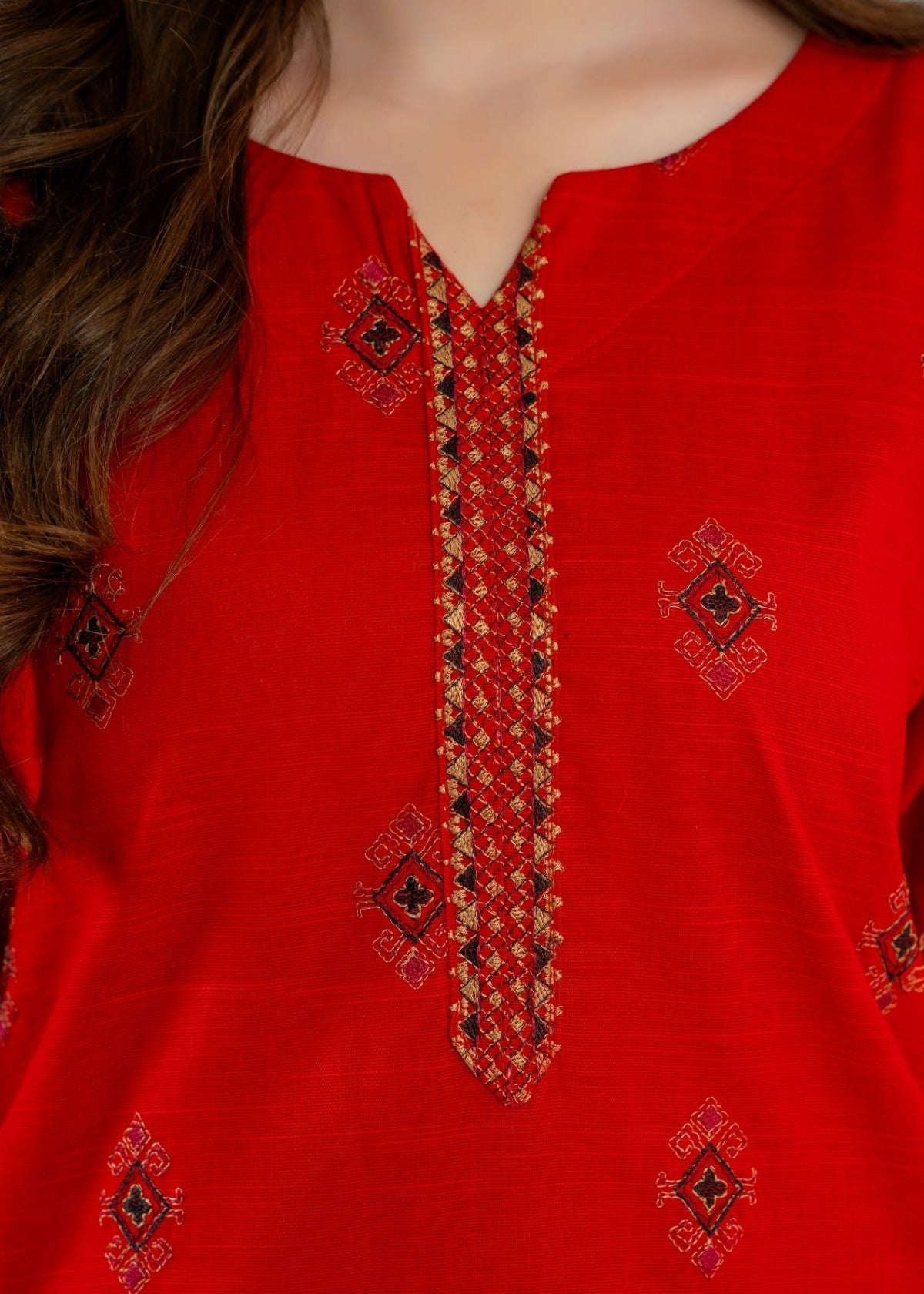slub khaddar Kurta Set in Red