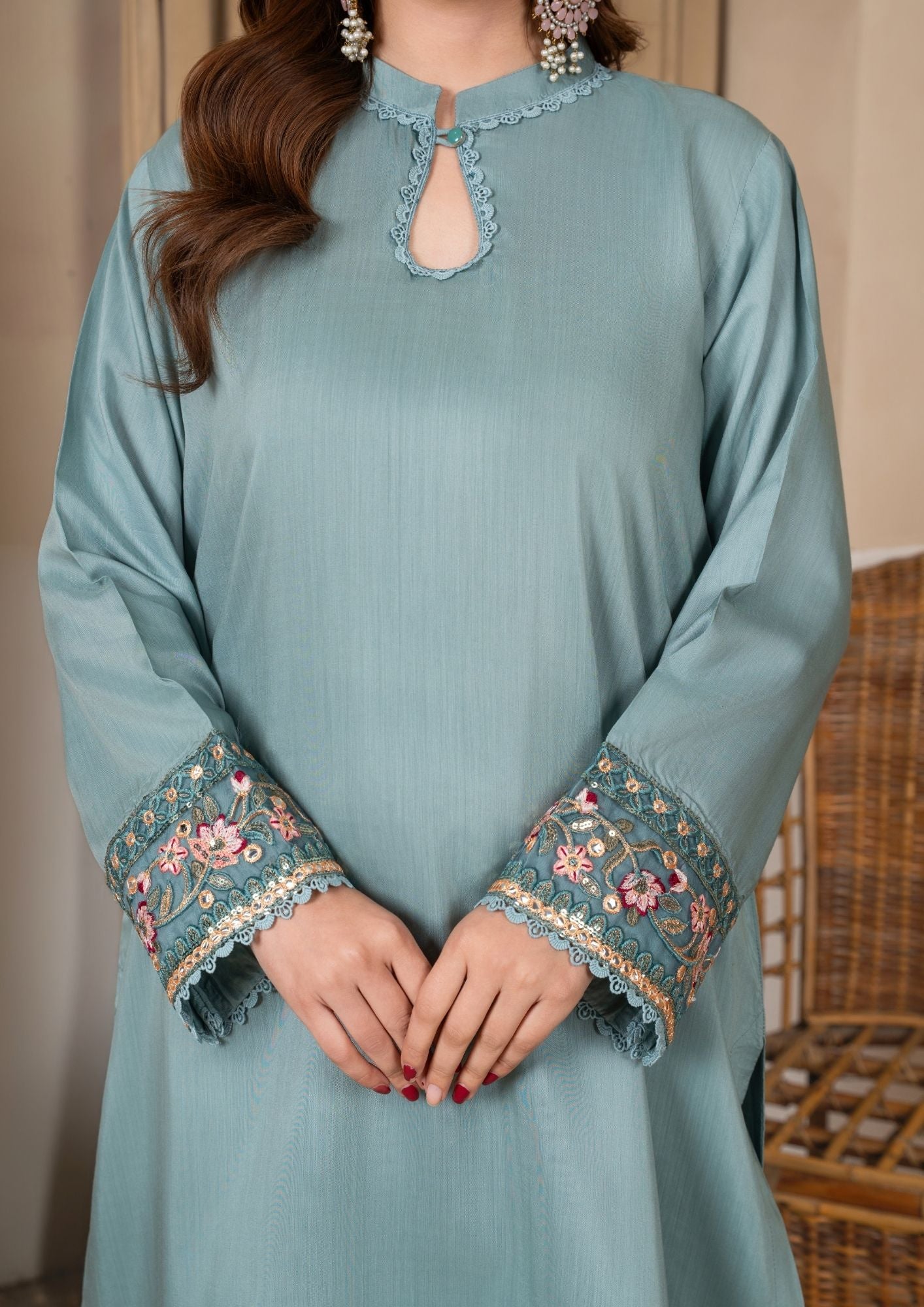 viscose raw silk Kurta Set in Duck egg grey