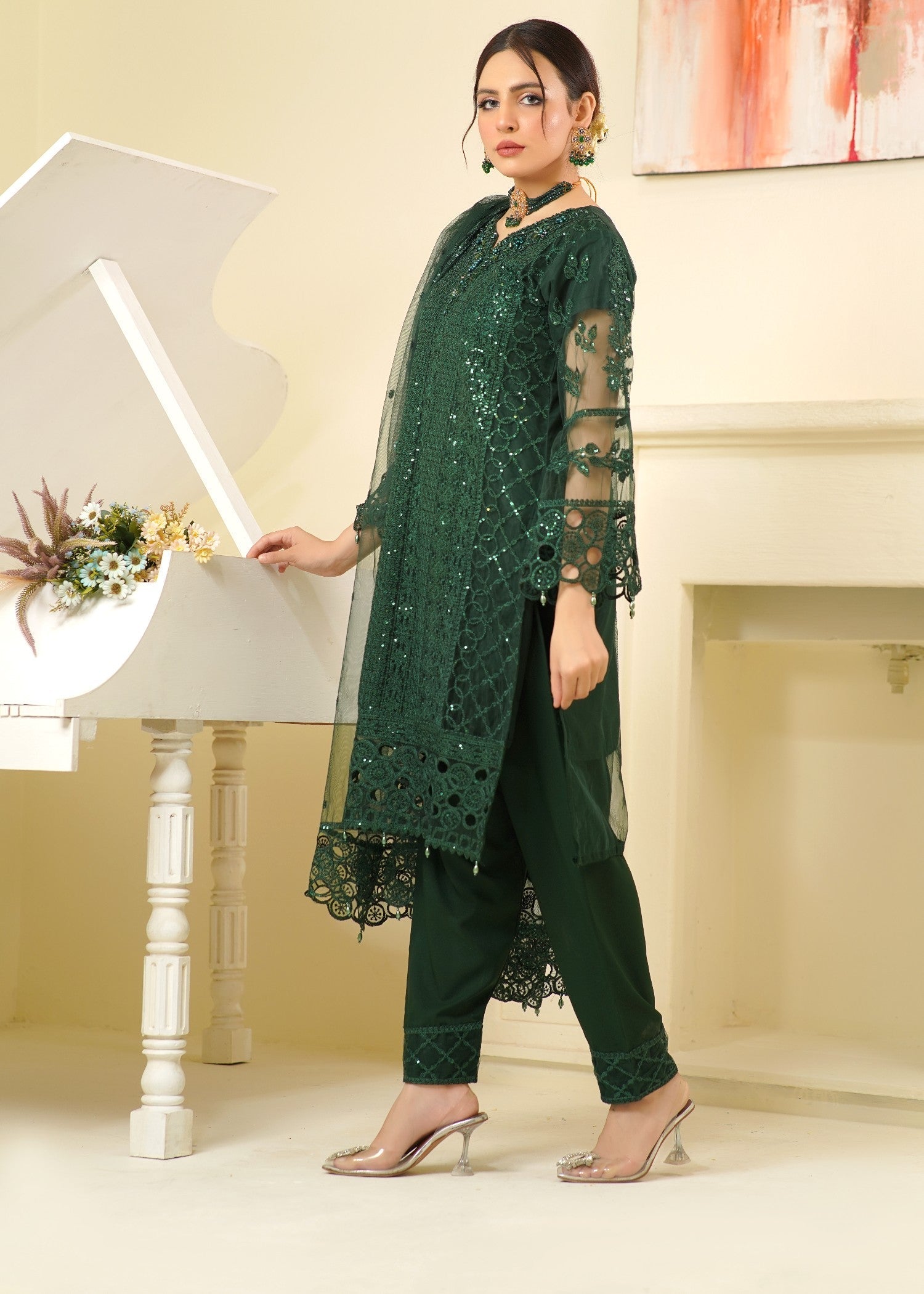 net Kurta Set in Green