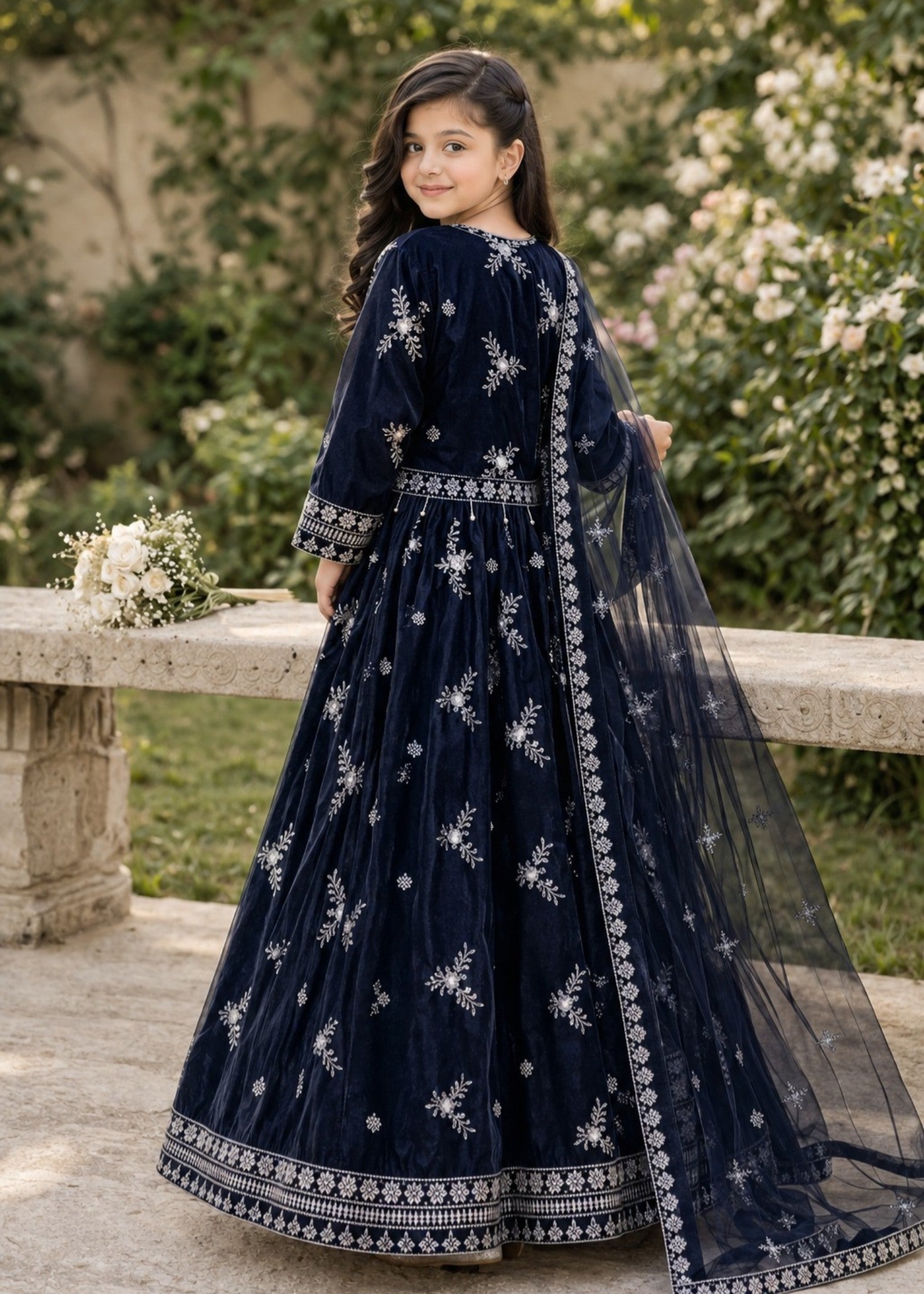 net Lehenga in Navy blue
