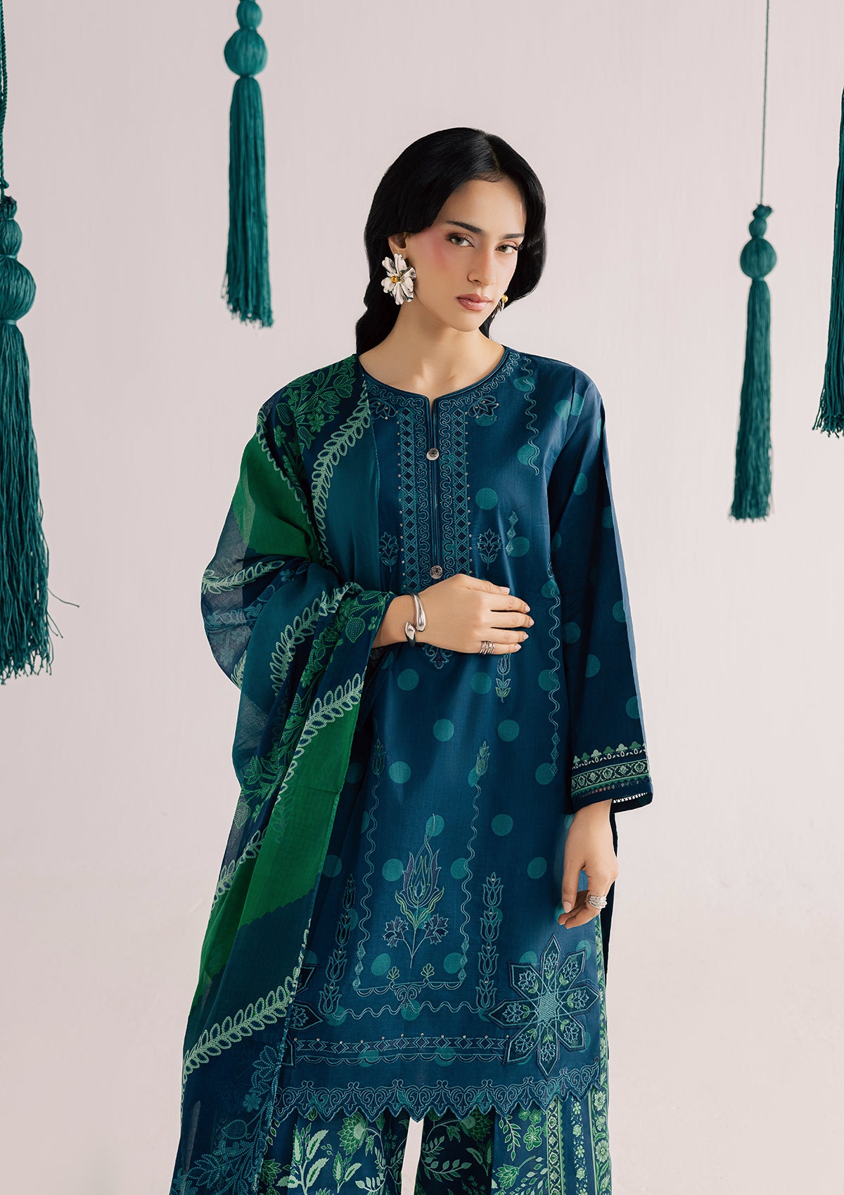 lawn Kurta Set in Prussian blue