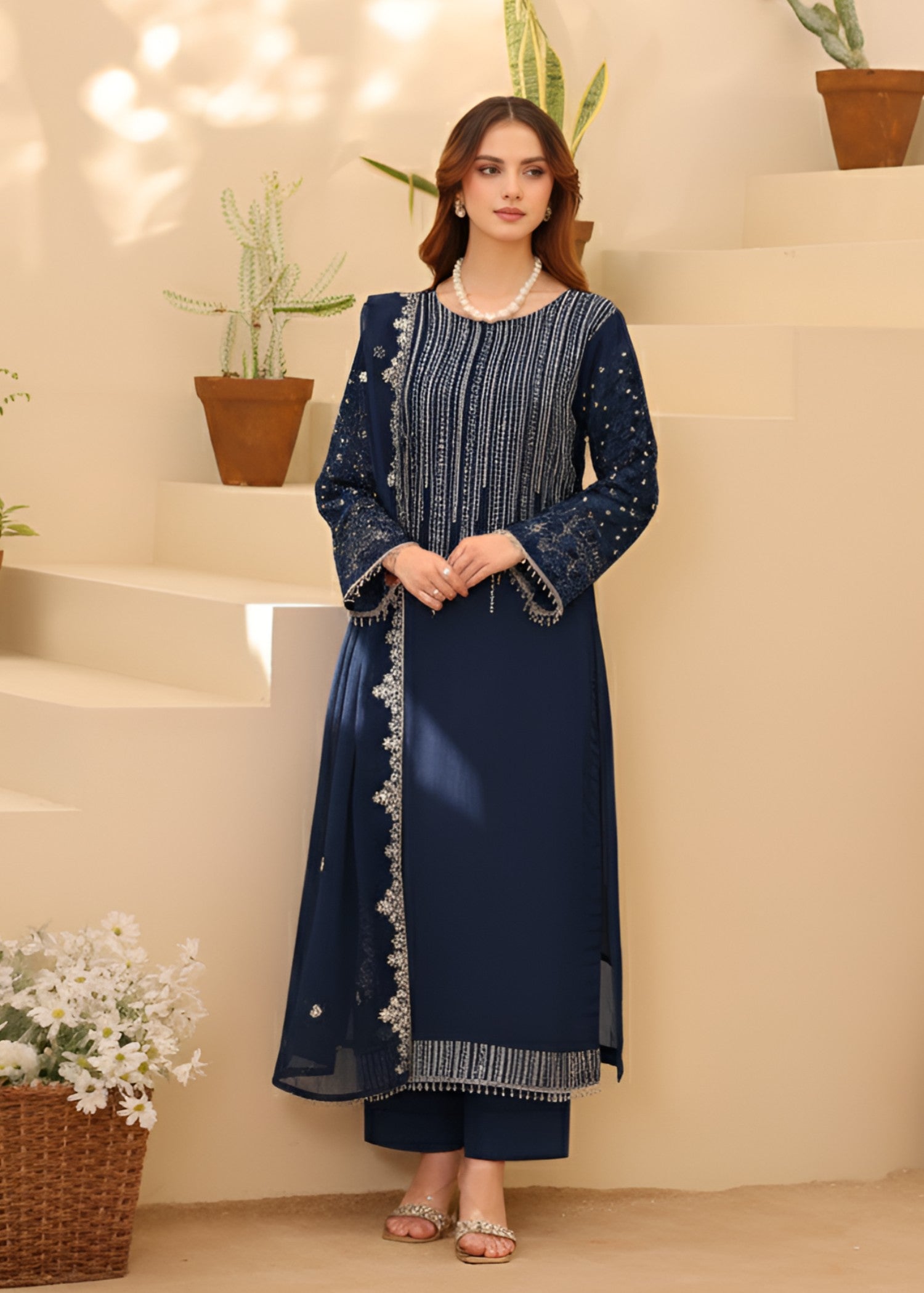 chiffon Kurta Set in Navy blue