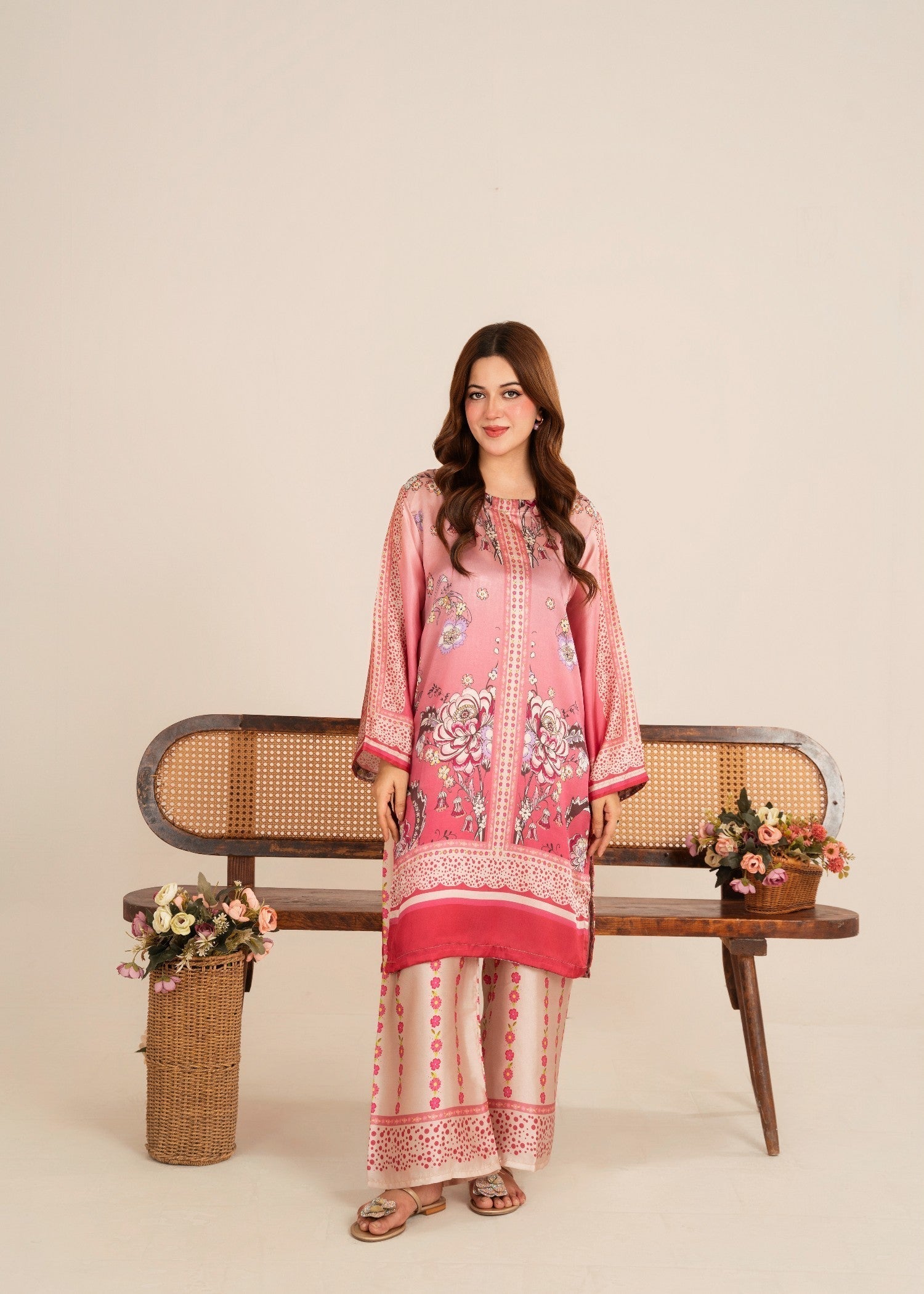 poly lawn Kurta Set in Hot pink red