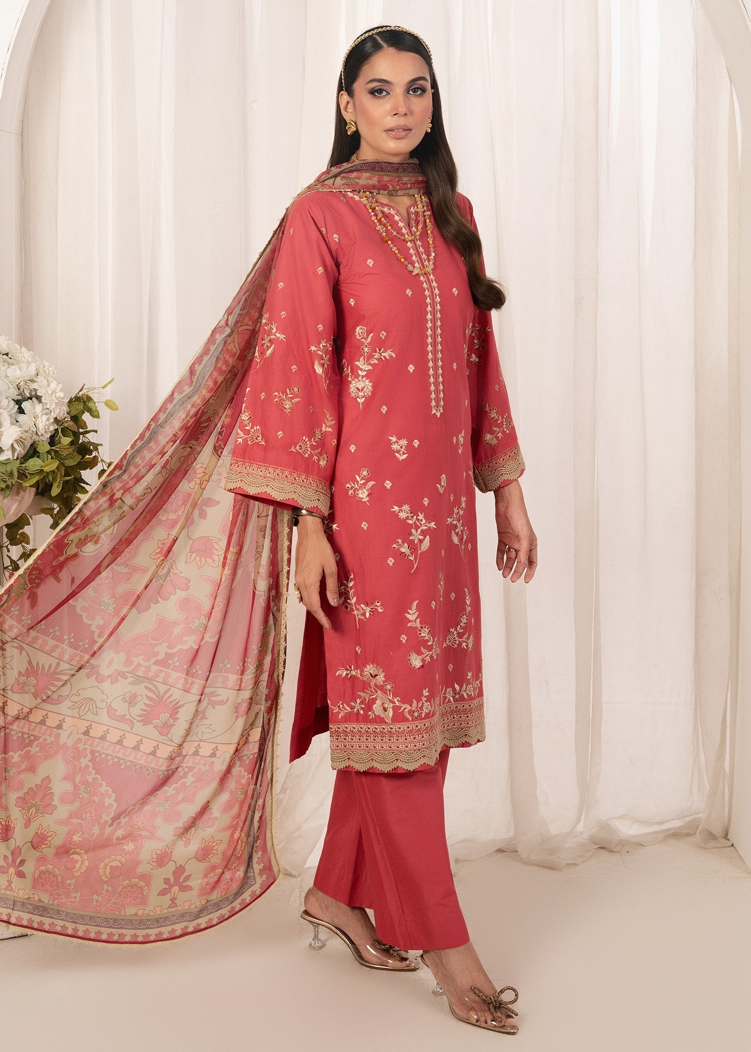cambric cotton Kurta Set in Coral pink