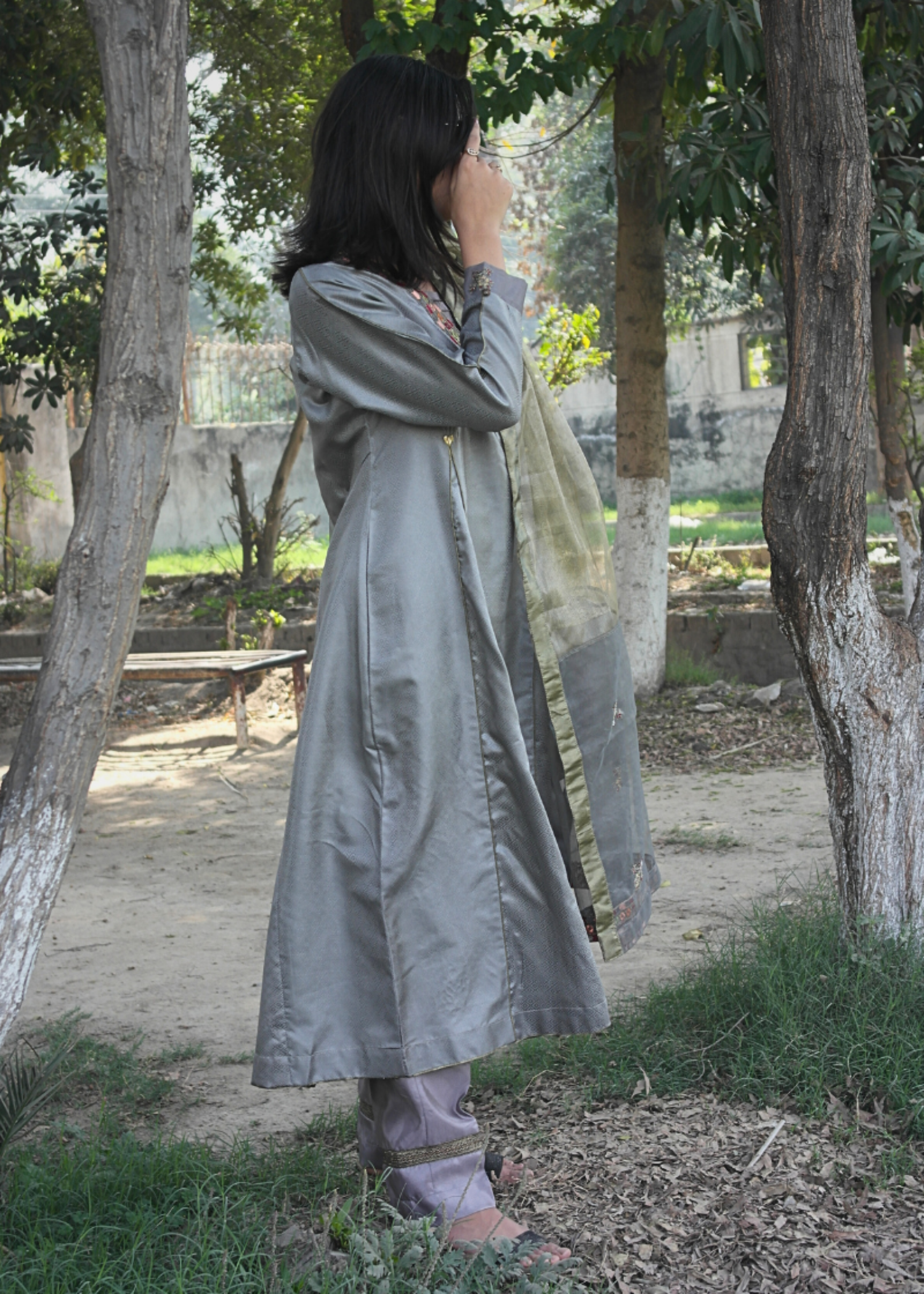jacquard silk Anarkali in Ash grey