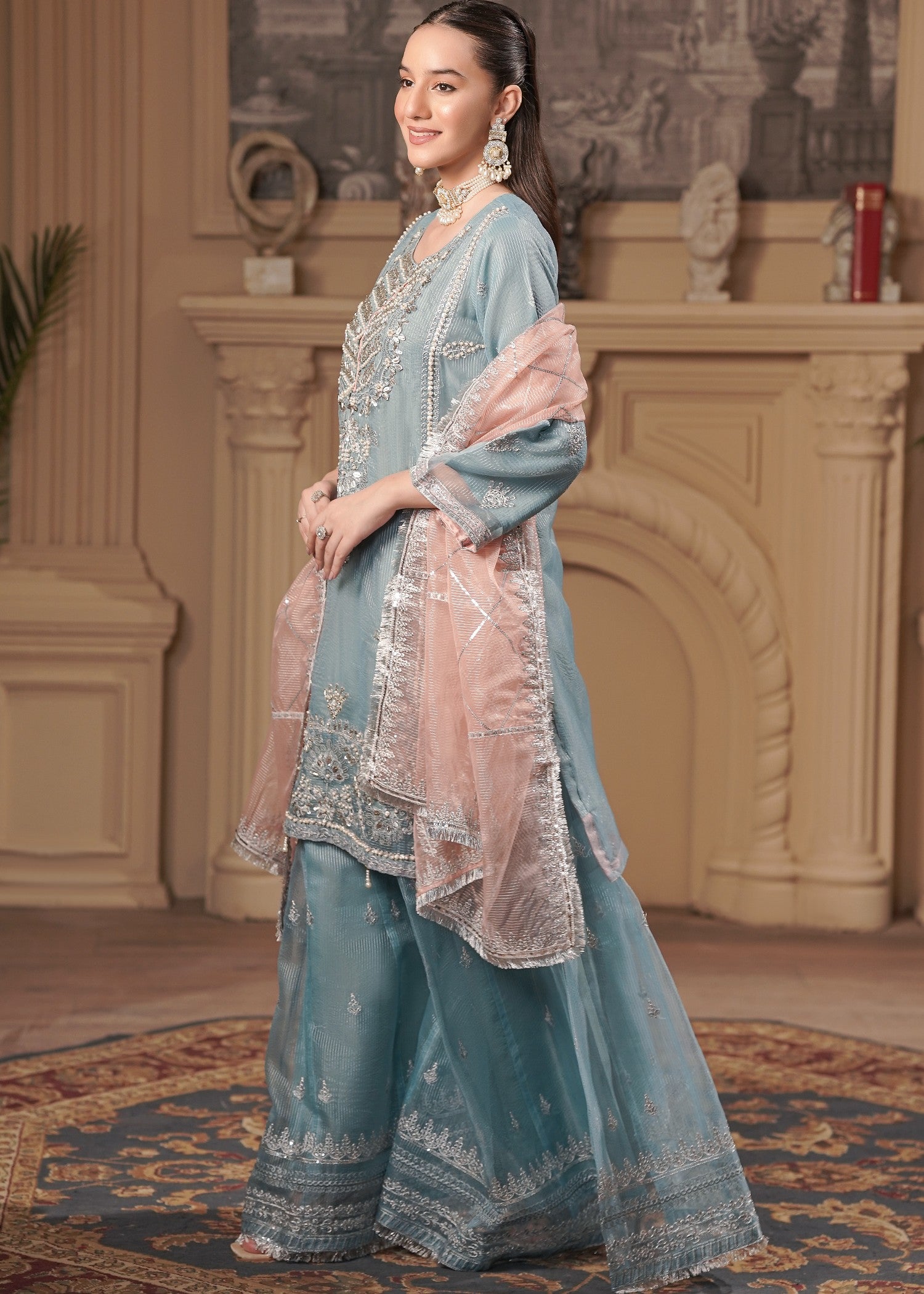 zari embroidered organza Sharara in Pastel green
