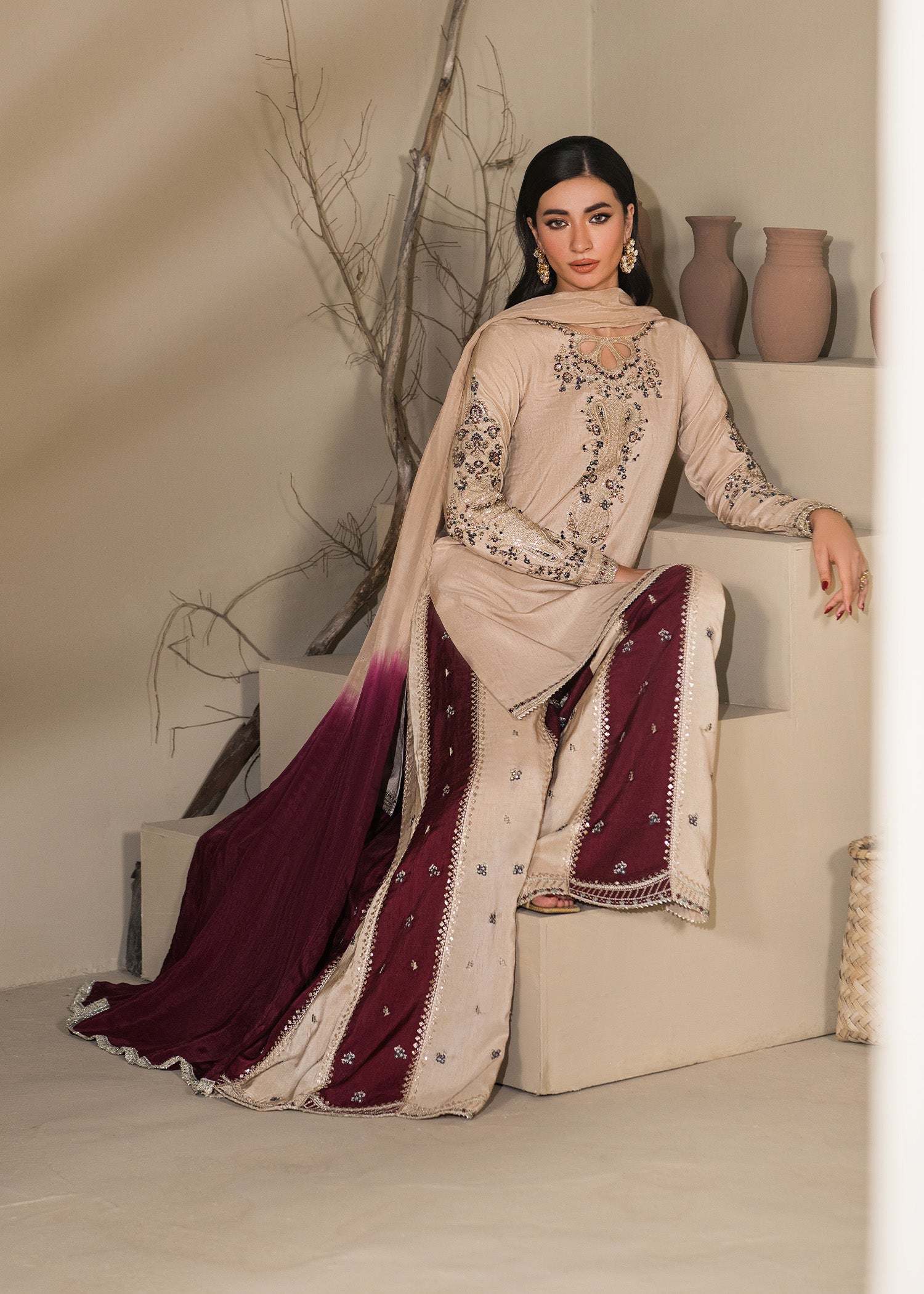 raw silk Sharara in Ivory