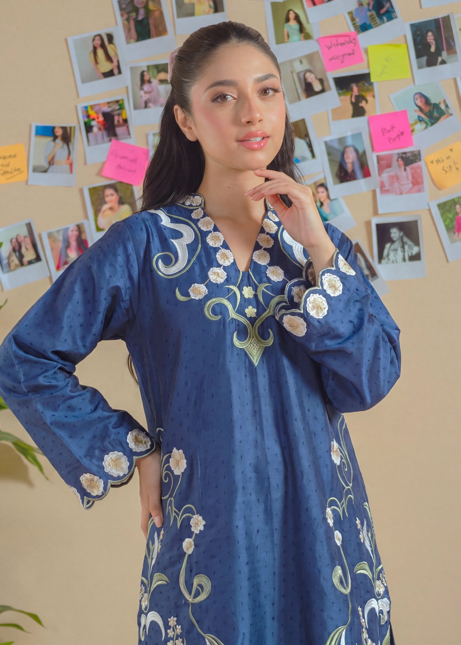 textured lawn Kurta Set in Navy blue