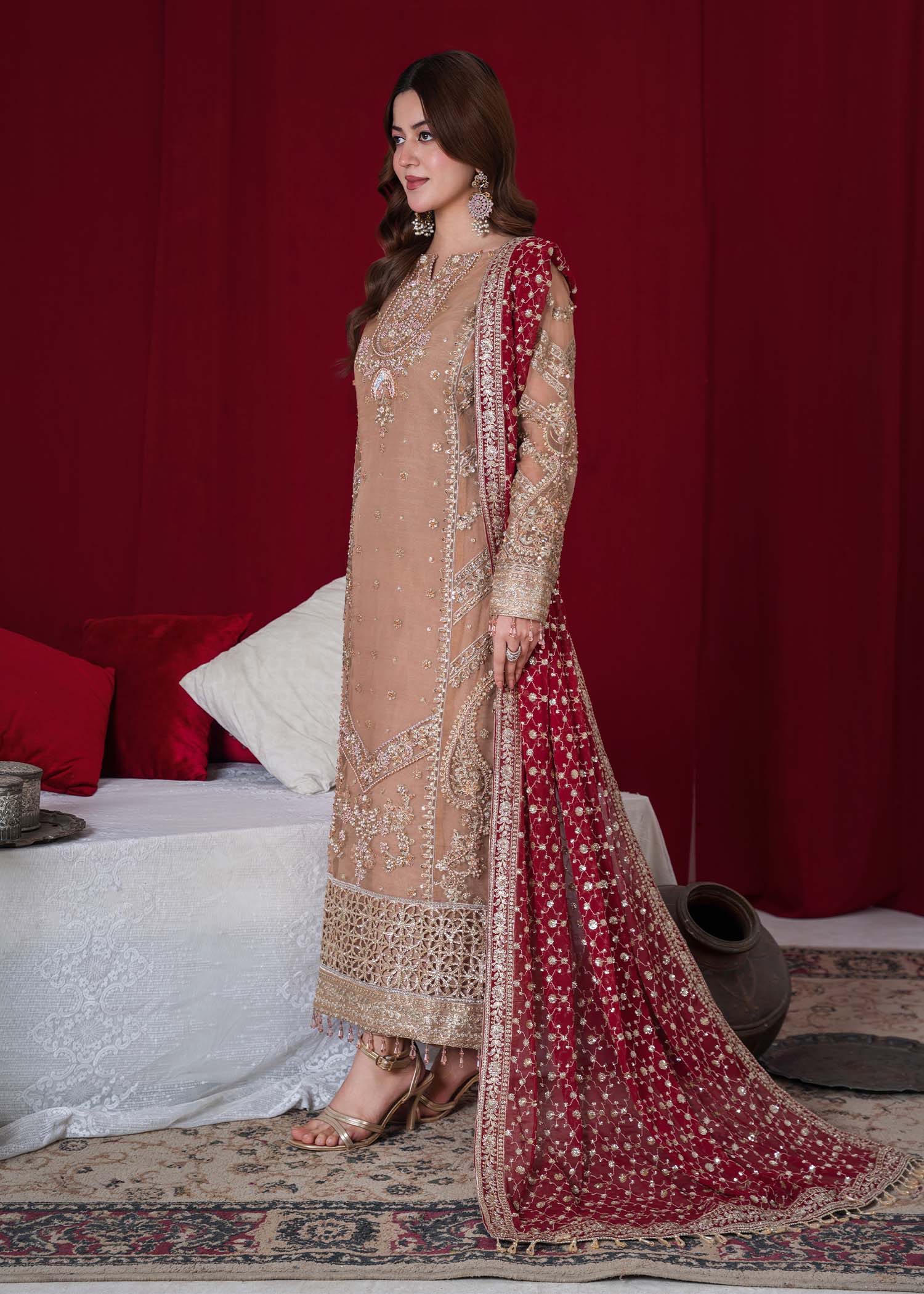 organza Kurta Set in Sand brown, maroon