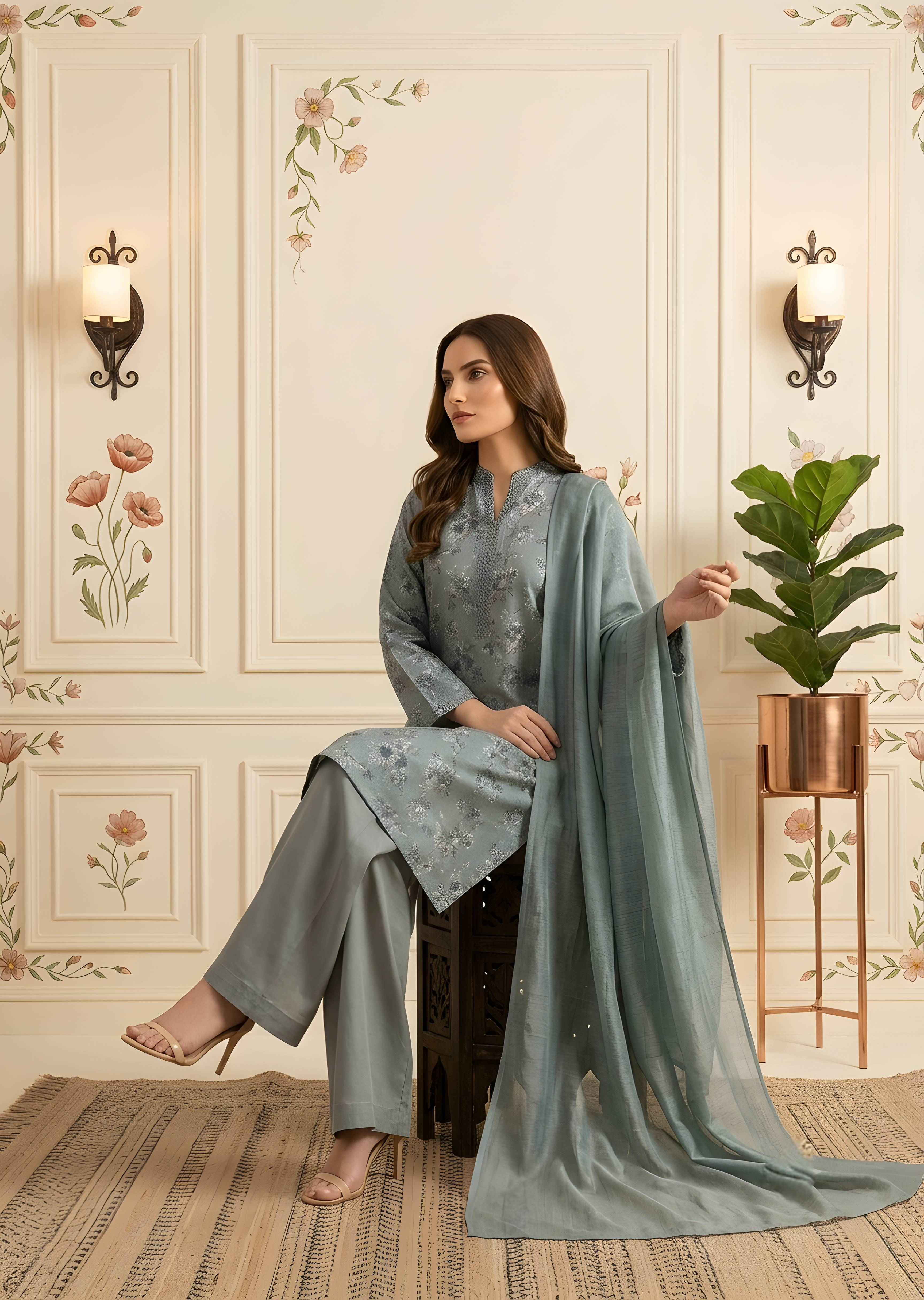 lawn Kurta Set in Steal grey