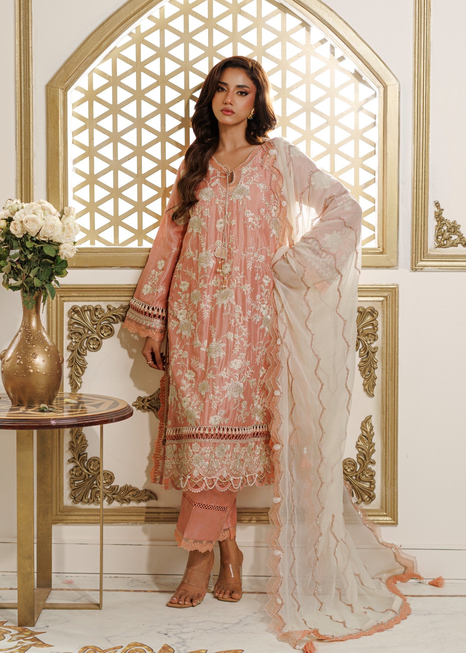 raw silk Unstitched in Peach pink