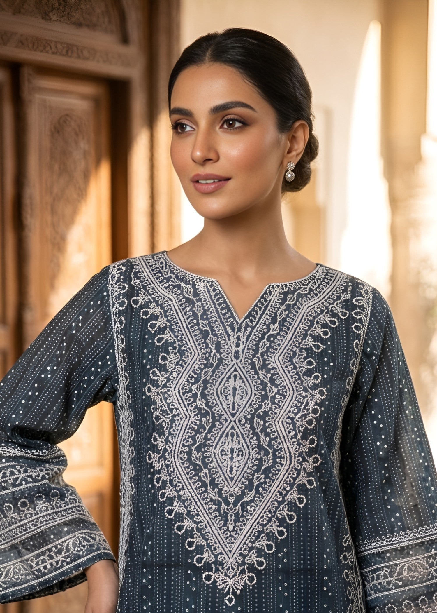 swiss lawn Kurta Set in Steel blue