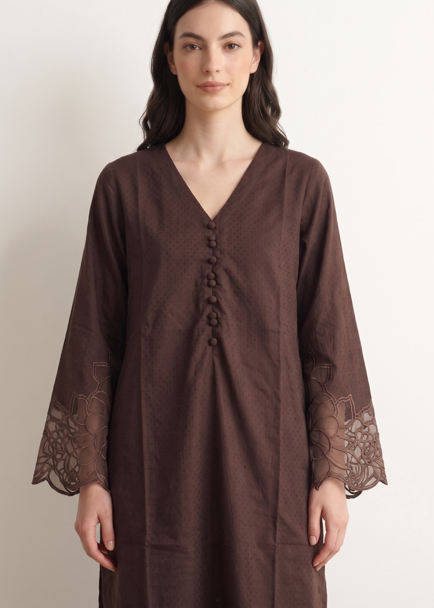 cotton jacquard Kurta Set in Chocolate brown