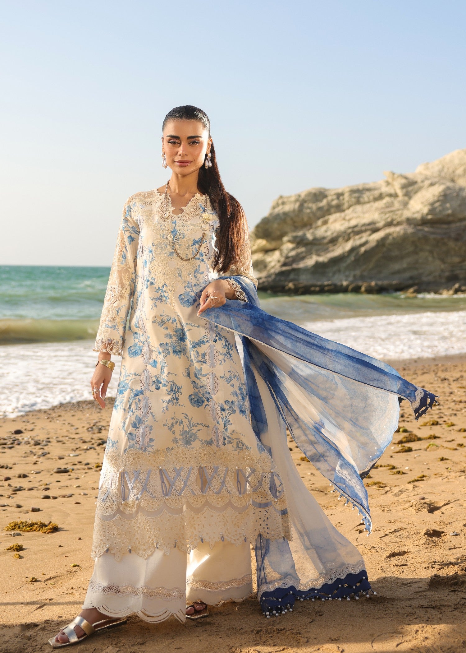 lawn Kurta Set in Blue, white