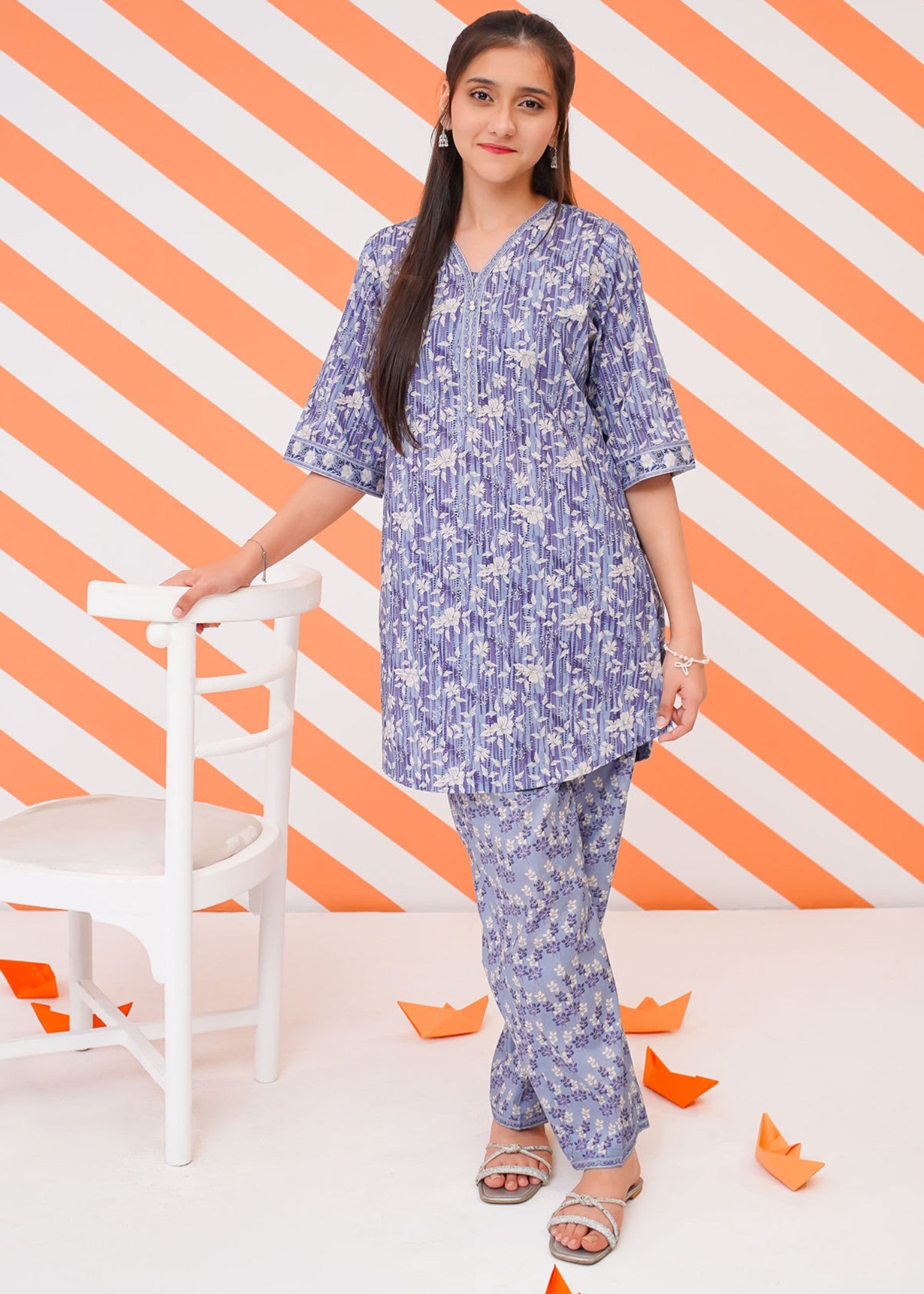 lawn cotton Kurta Set in Denim
