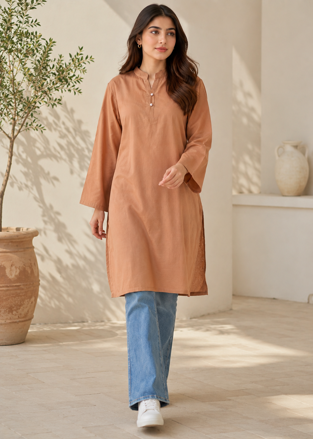 lawn Kurti in Camel brown