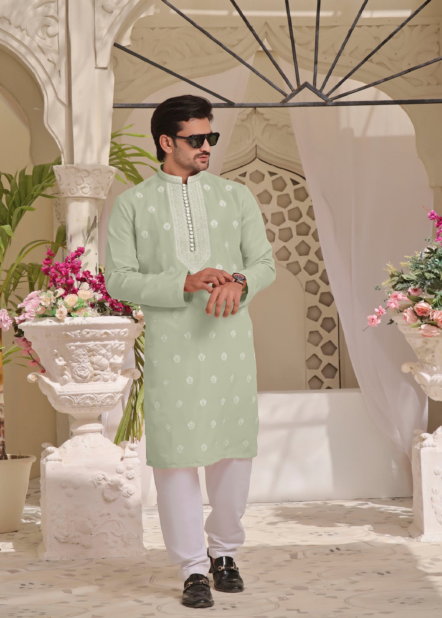raw silk Kurta Set in Mint green by The Great Masters (TGM)