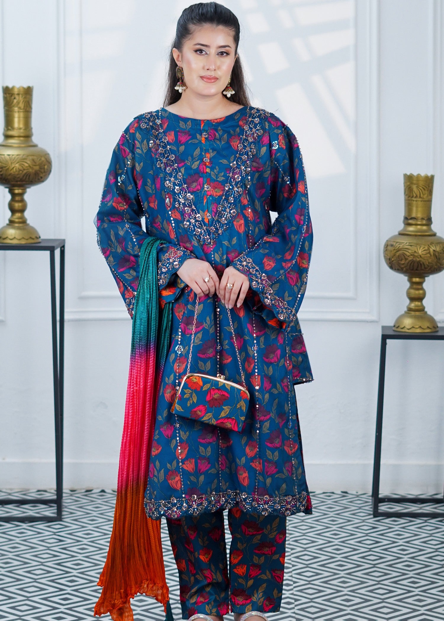 crepe Kurta Set in Ocean blue