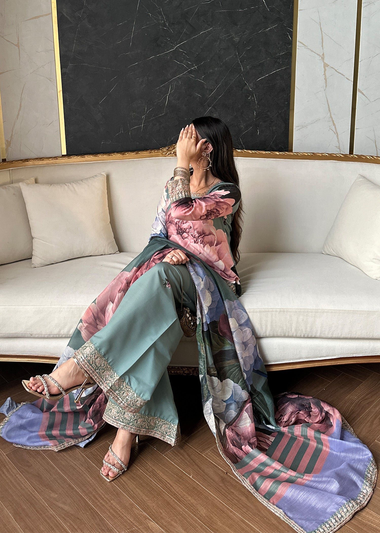 raw silk Kurta Set in Sage green