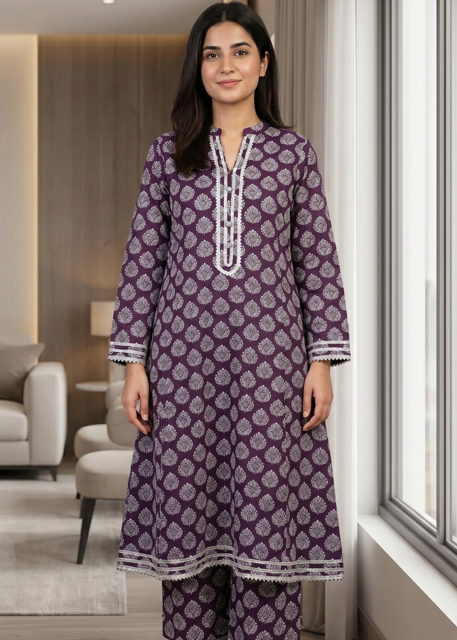 lawn Pishwas in Purple