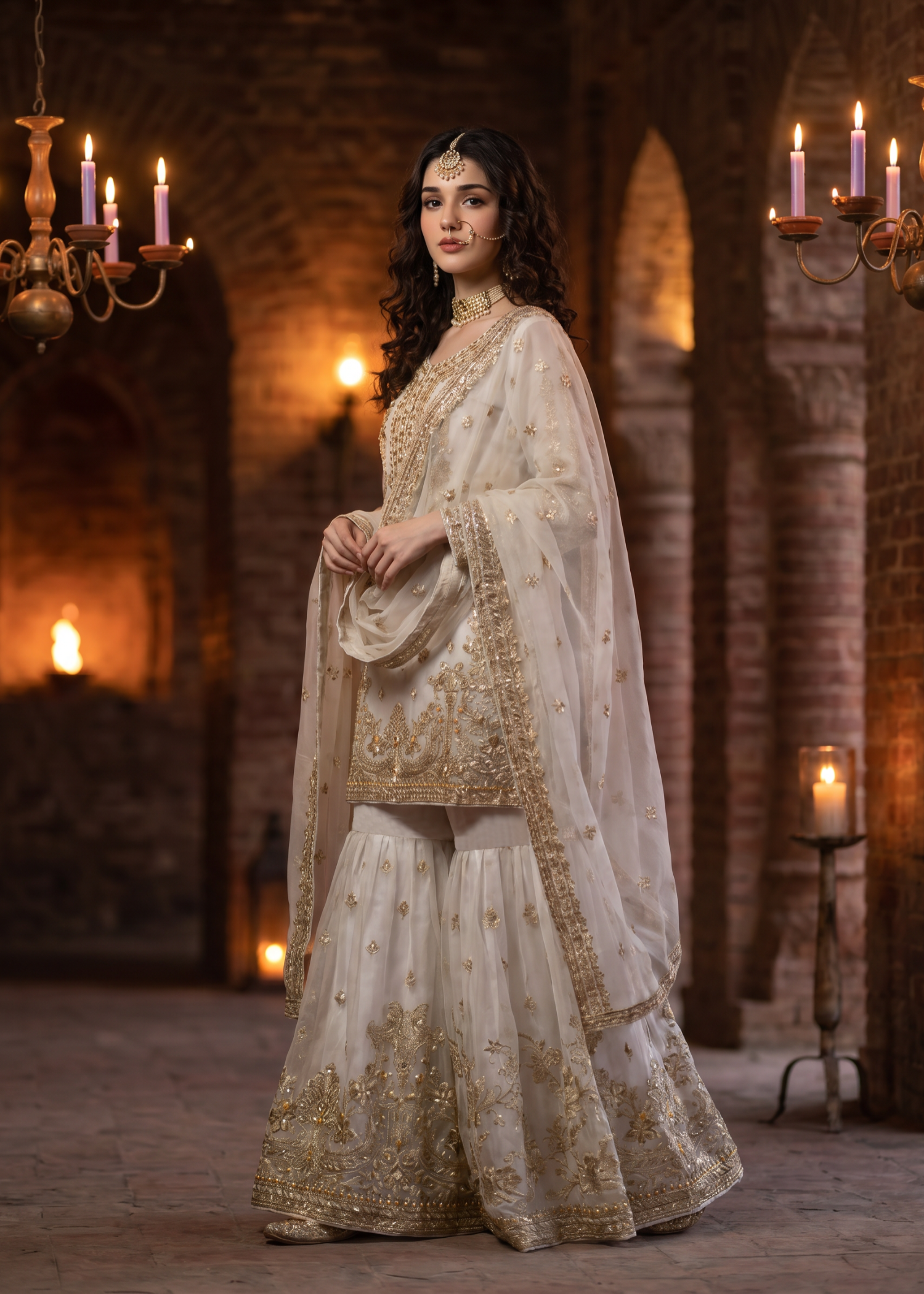 organza Gharara in Pearl white