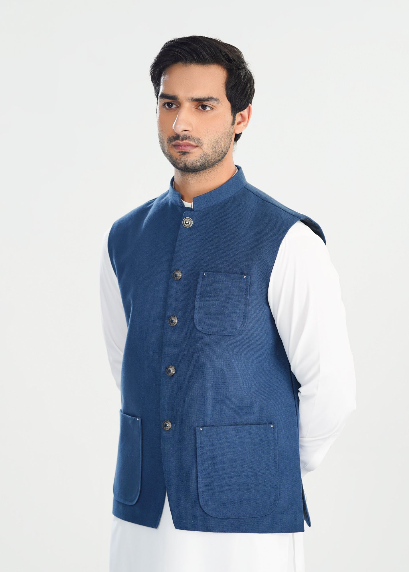 handwoven khaddar Waistcoat in Navy blue