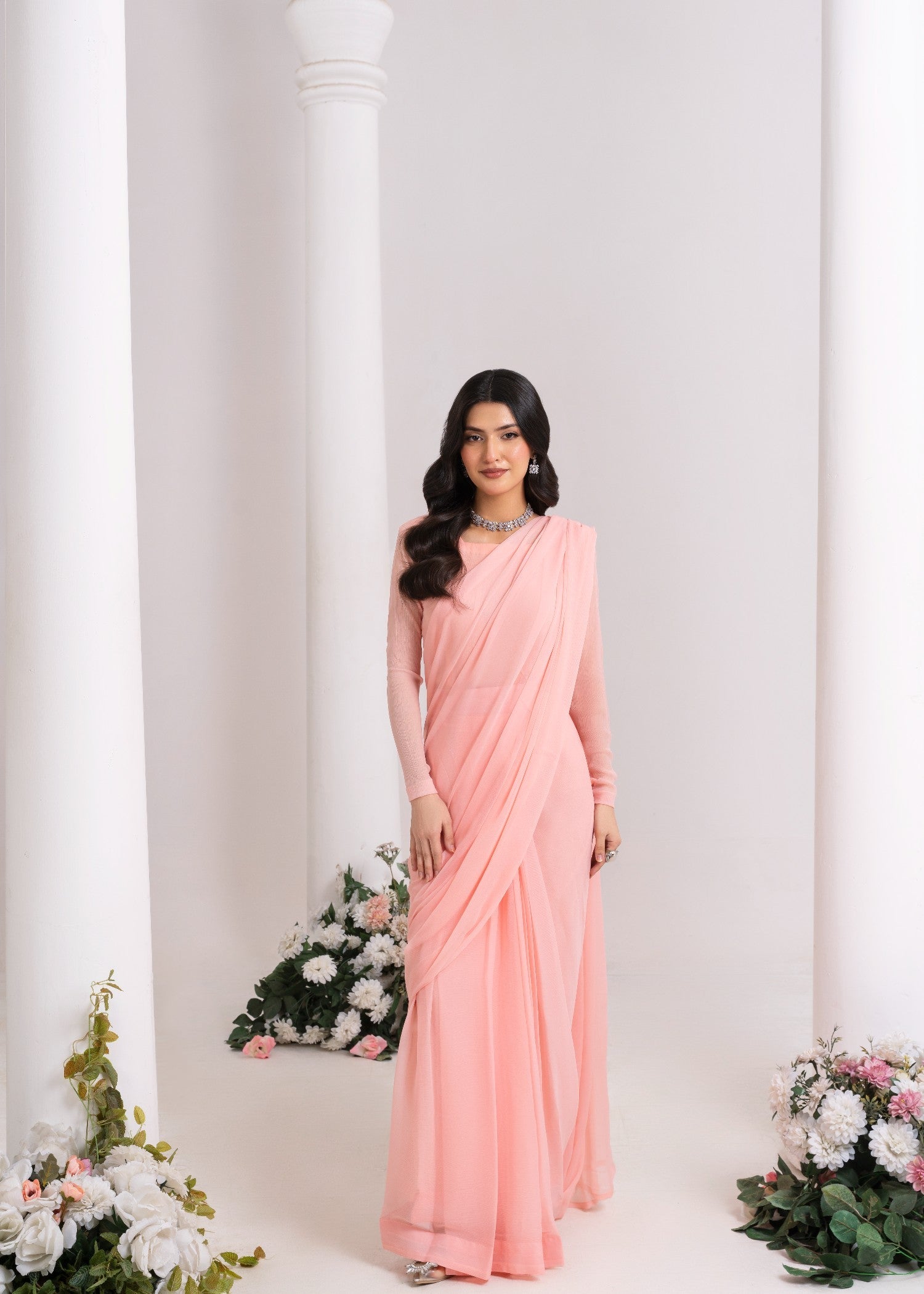 chiffon Saree in Peach pink
