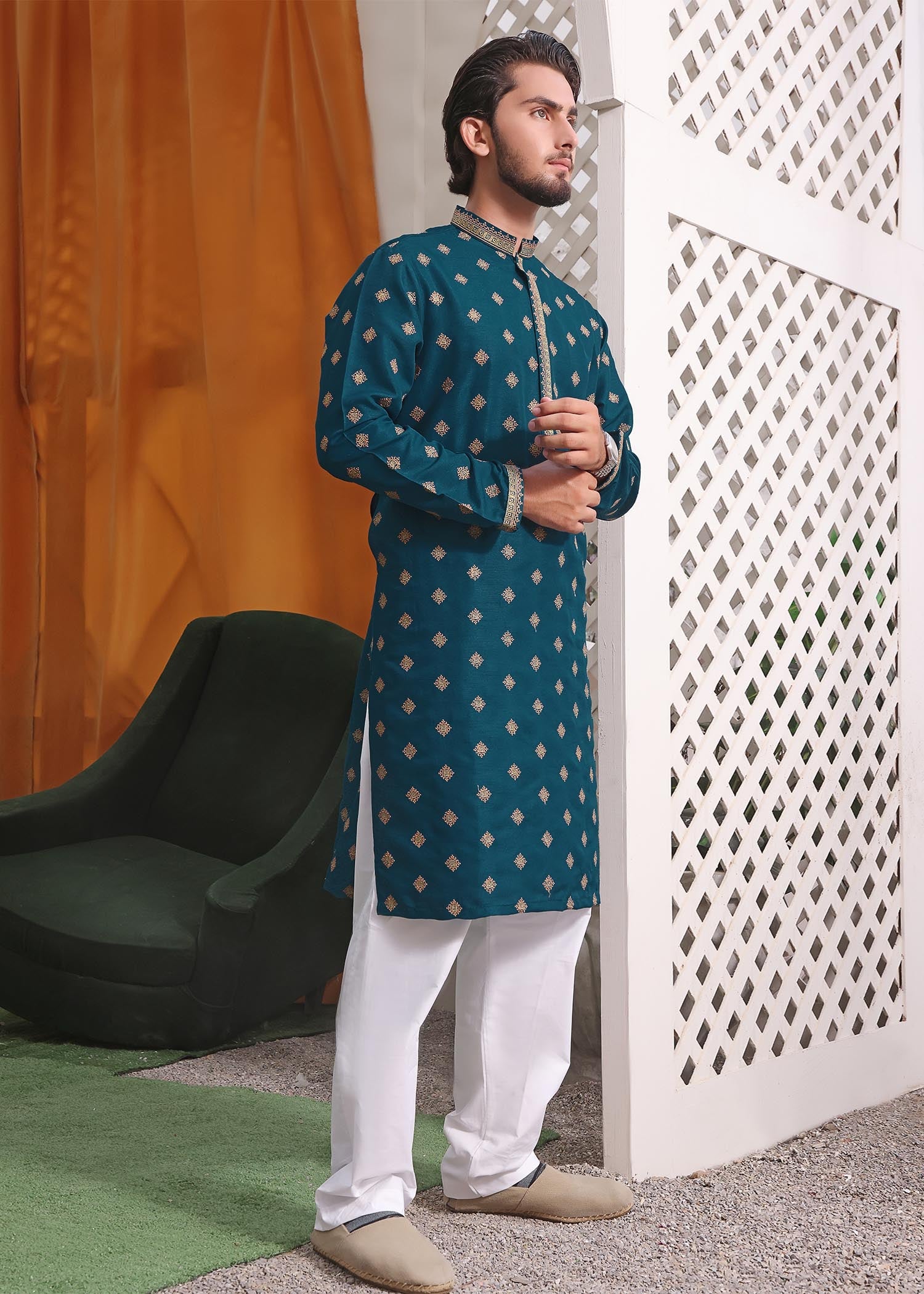 raw silk Kurta Set in Dark cyan