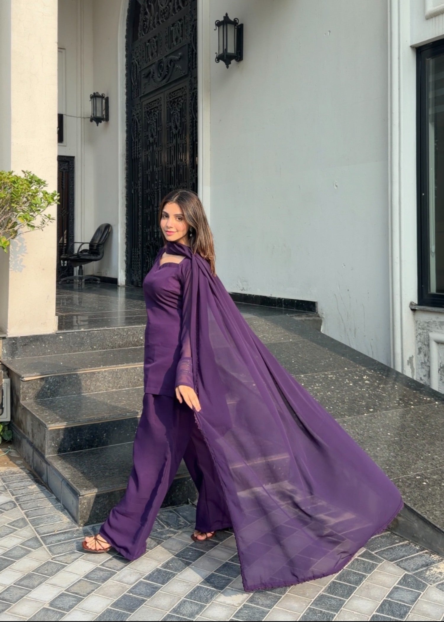 chiffon Kurta Set in Royal purple