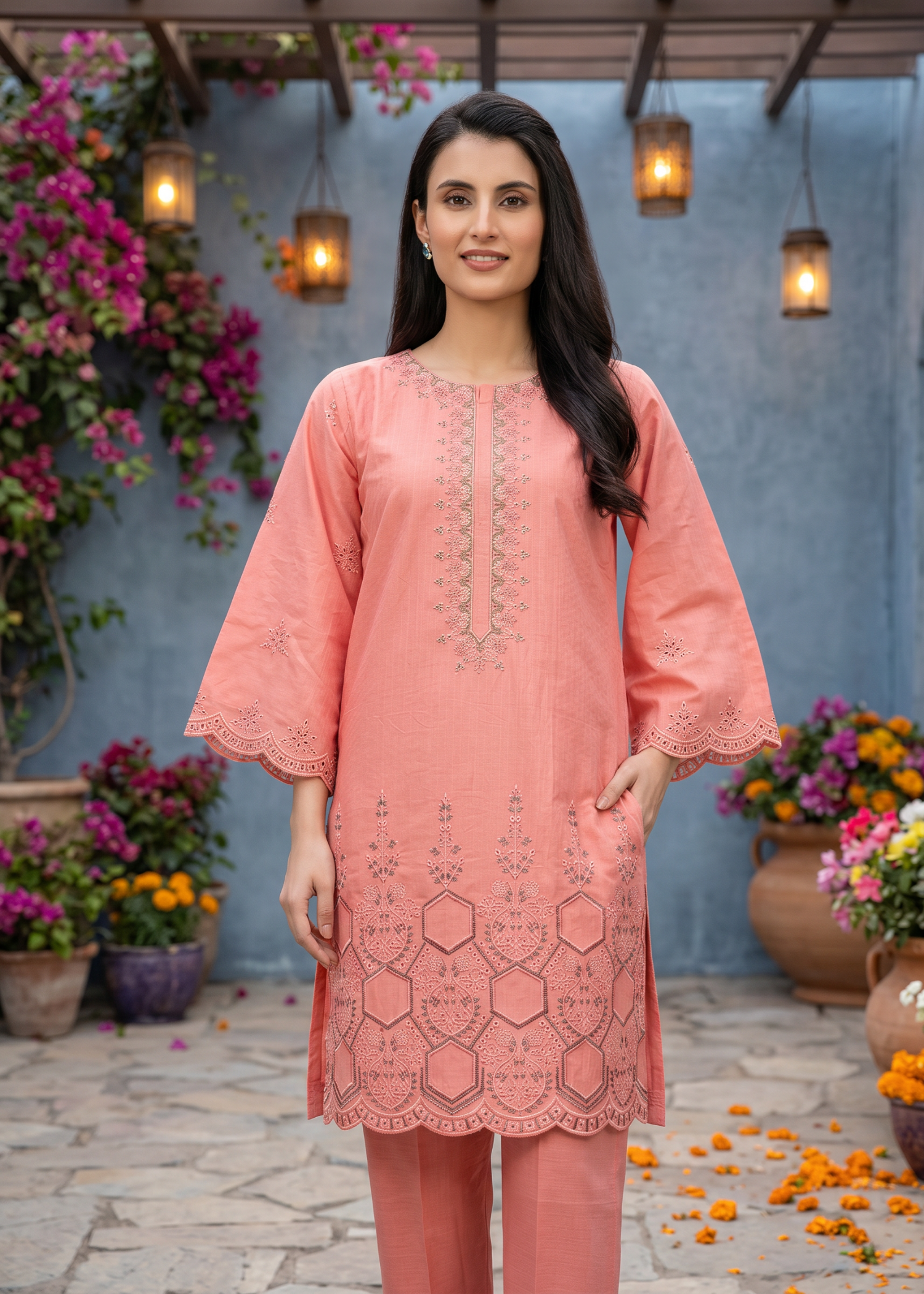 textured lawn Kurti in Peach pink