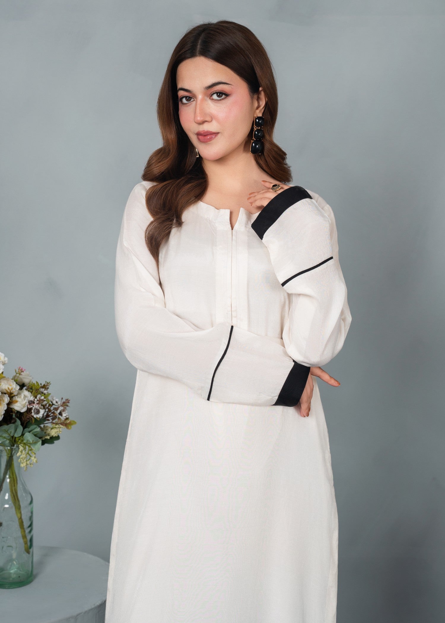 silk finish lawn Kurta Set in White
