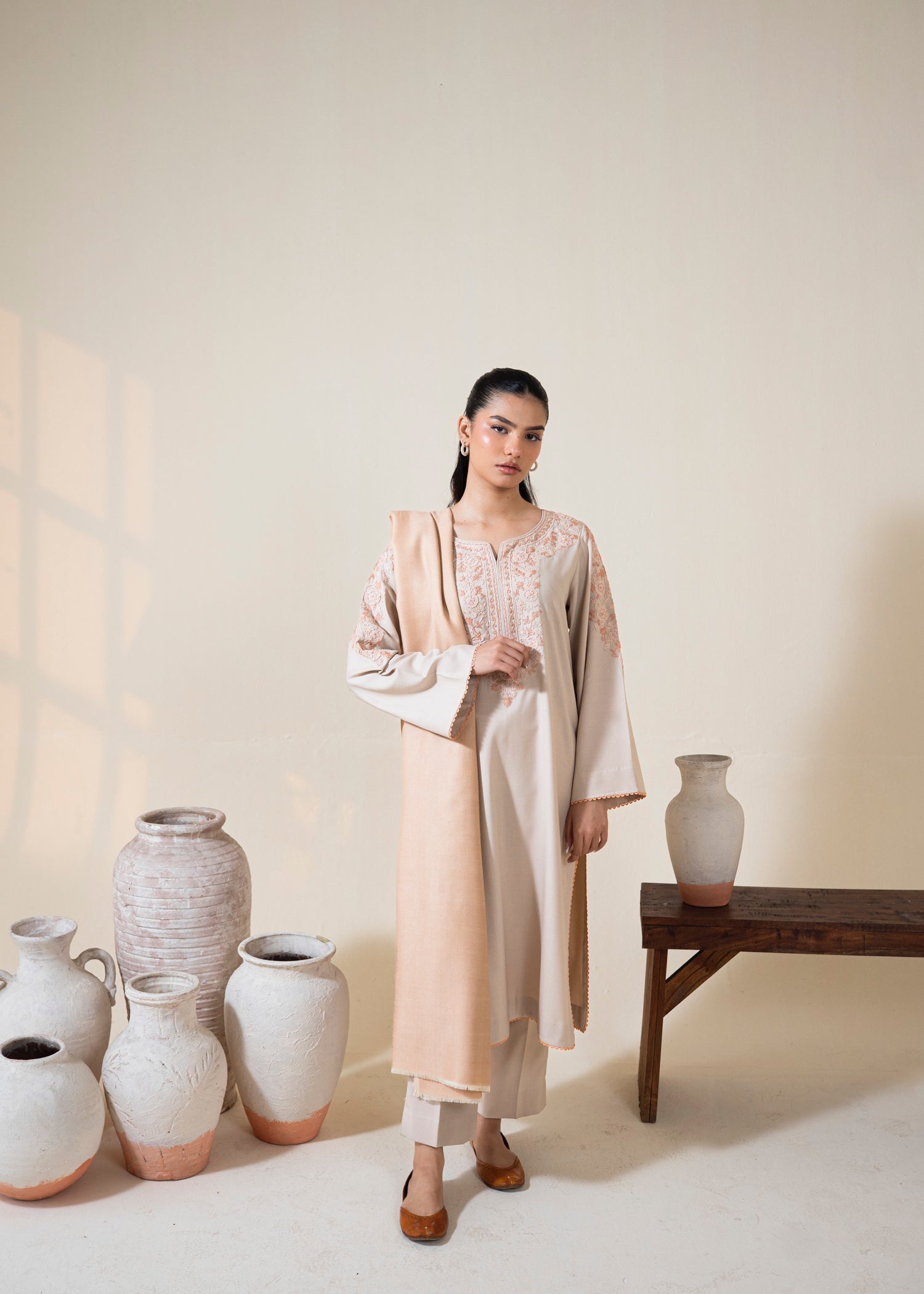 dhanak wool Kurta Set in Beige