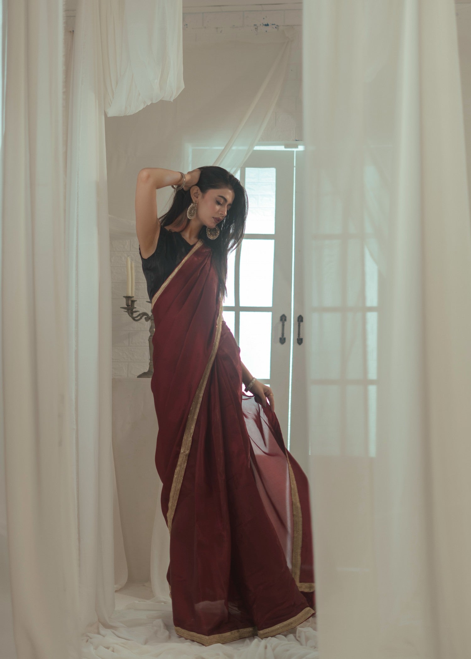 silk Saree in Maroon, black
