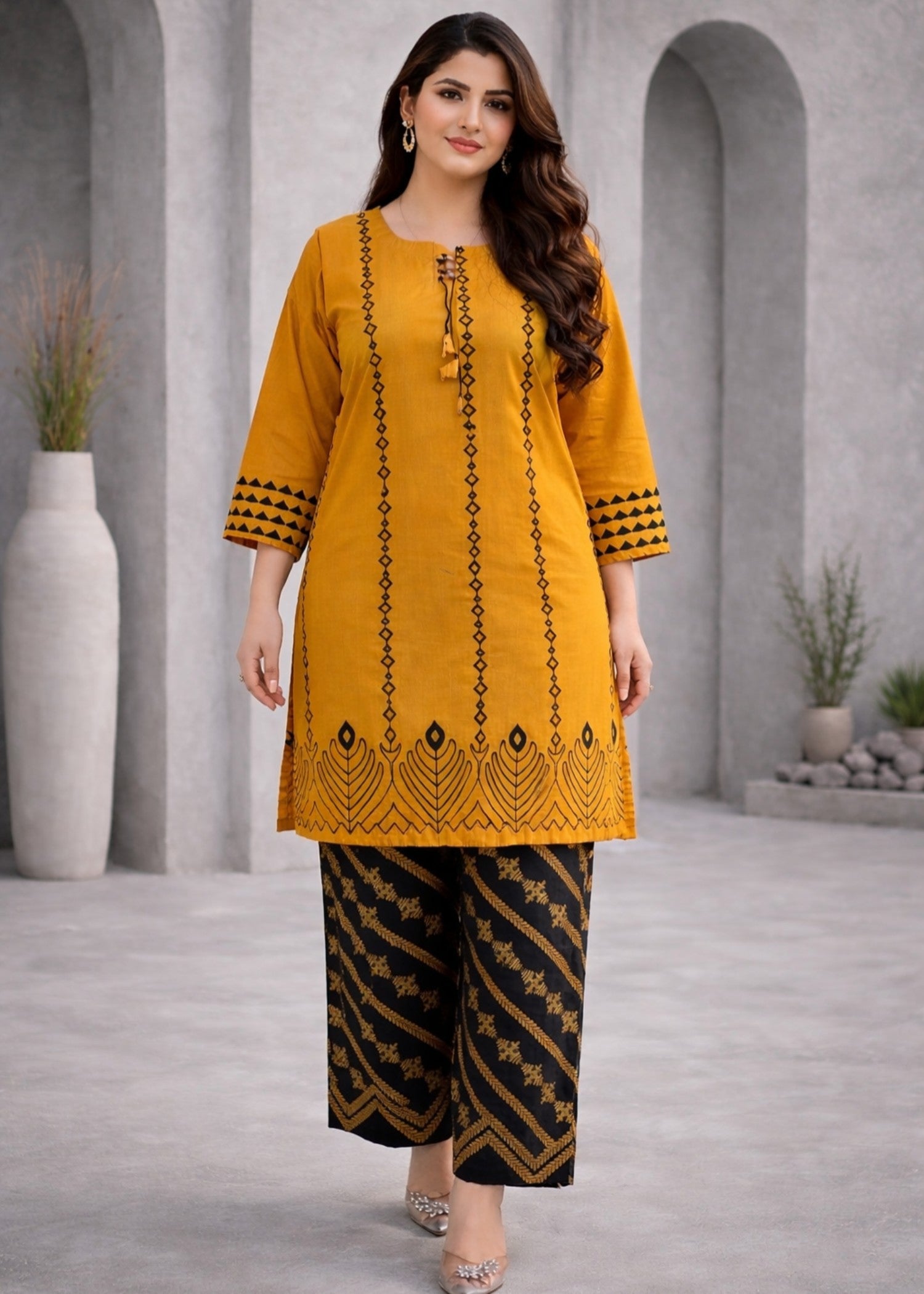 linen Kurta Set in Black, mustard