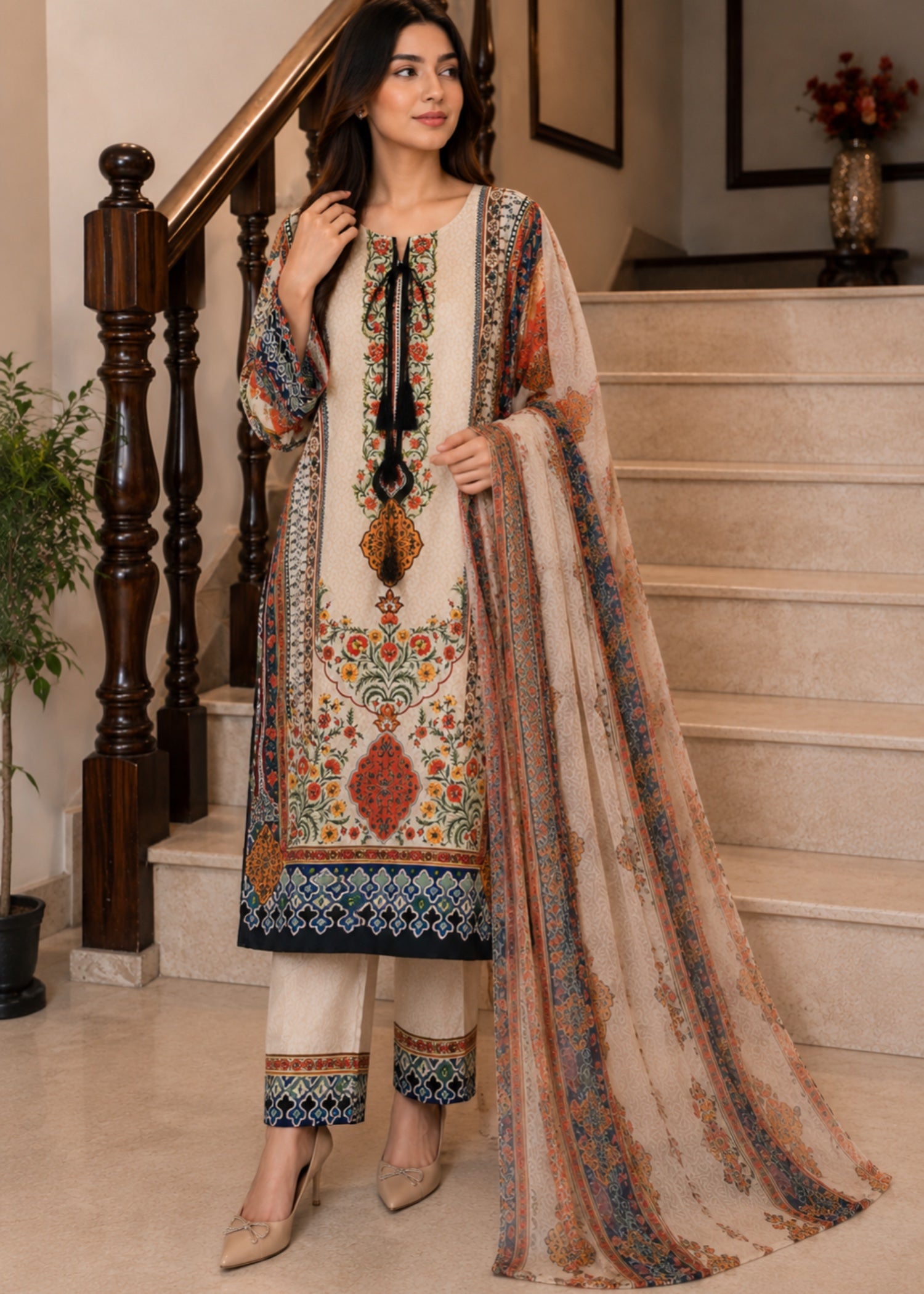 silk finish lawn Kurta Set in Multi, eggshell