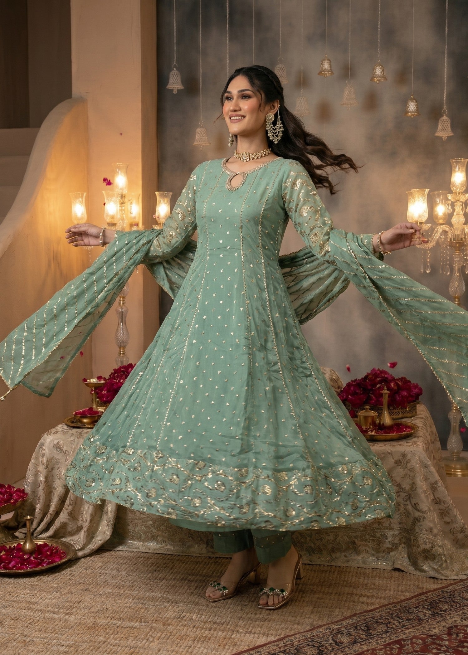 chiffon Anarkali in Mint green