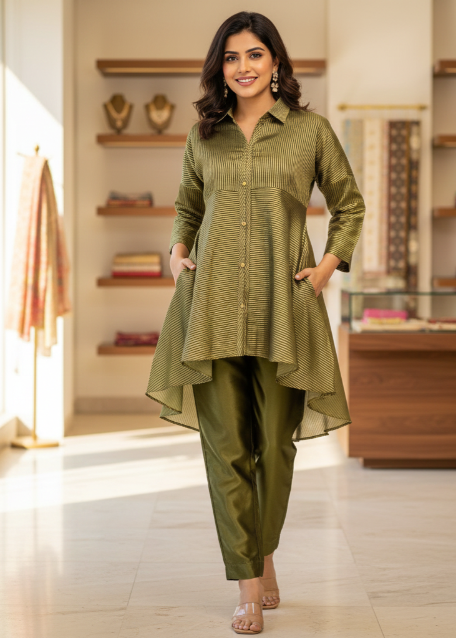 organza Short Frock in Olive green